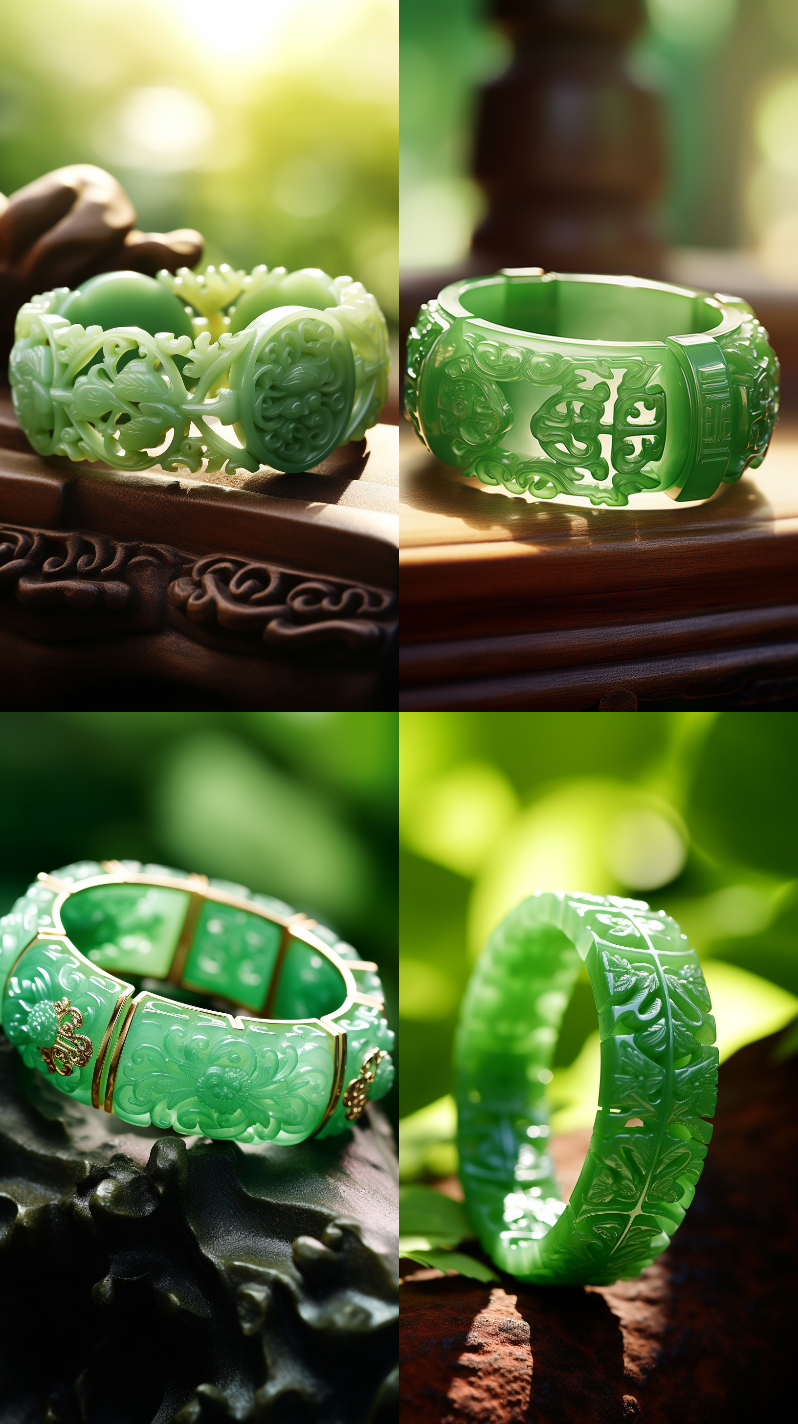 翡翠手镯，中国风背景，动态捕捉，清晰画质，色彩鲜明，近距拍摄，自然光，细节丰富，静谧，和谐。