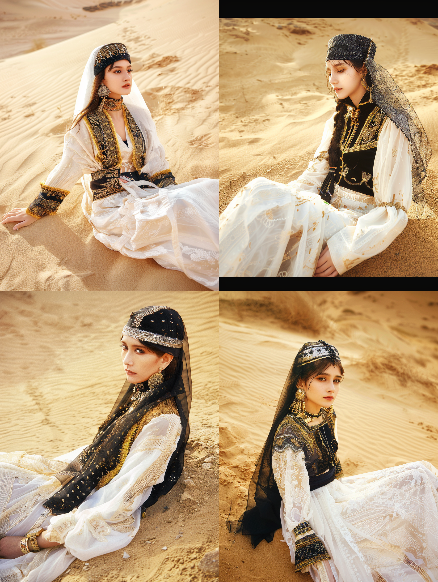 沙漠西域少女，侧脸特写，金色沙漠背景，夕阳余晖，民族风长裙，头戴纱巾，眼神深邃，自然光，柔和色调，长焦镜头，静谧，神秘。