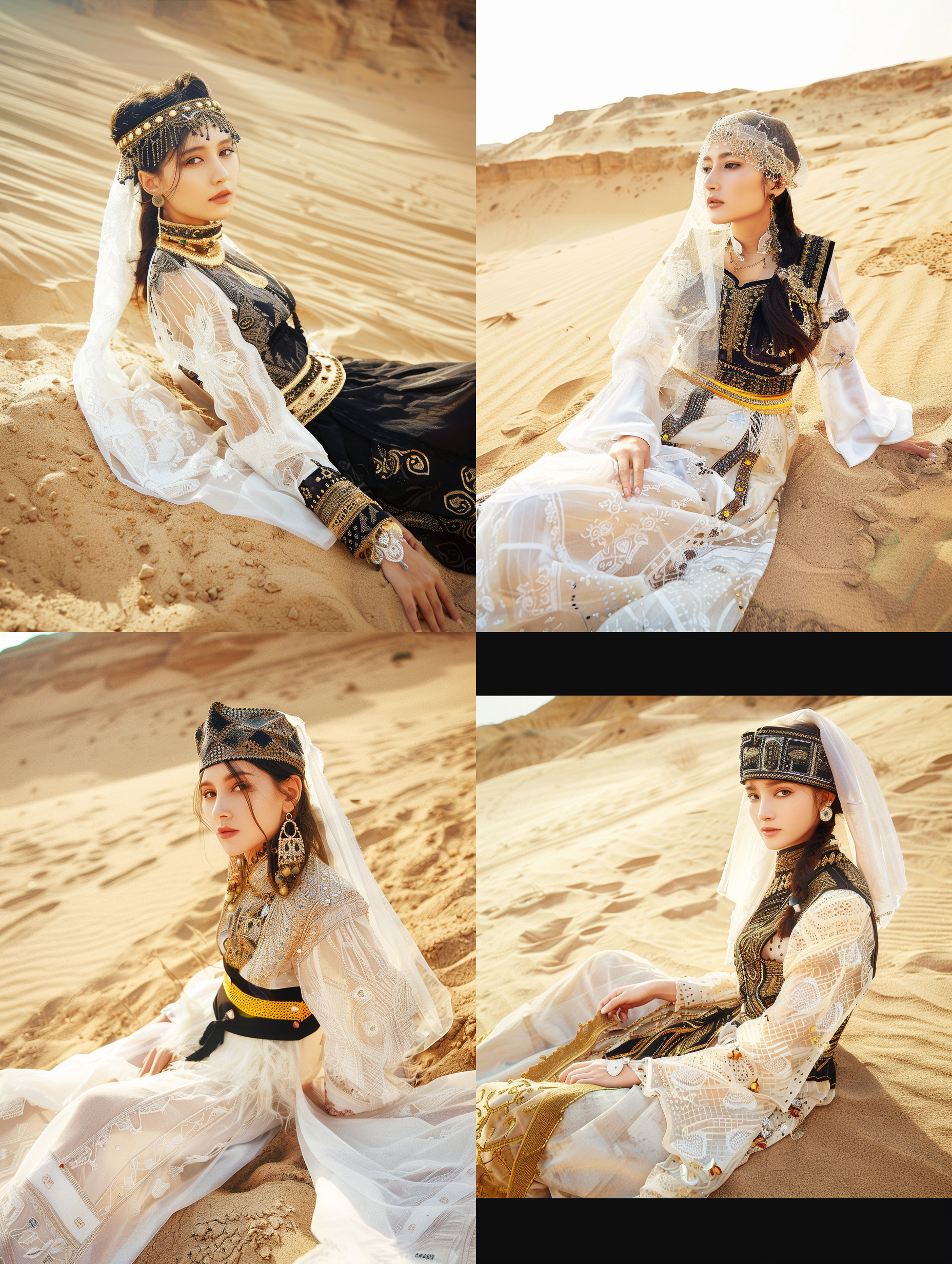 沙漠西域少女，侧脸特写，金色沙漠背景，夕阳余晖，民族风长裙，头戴纱巾，眼神深邃，自然光，柔和色调，长焦镜头，静谧，神秘。