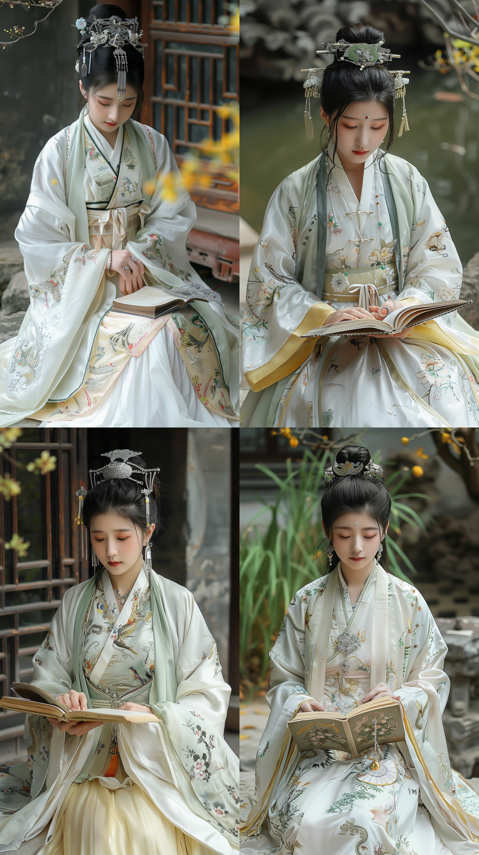 远景拍摄，中式园林，中国古代少女，白色真丝汉服，飘逸，全身照，华丽银饰珠宝，沉思姿态，手持书籍，石头上坐，黄色腊梅花，自然幽静，专注表情，高分辨率，广角镜头，超高清，自然光。