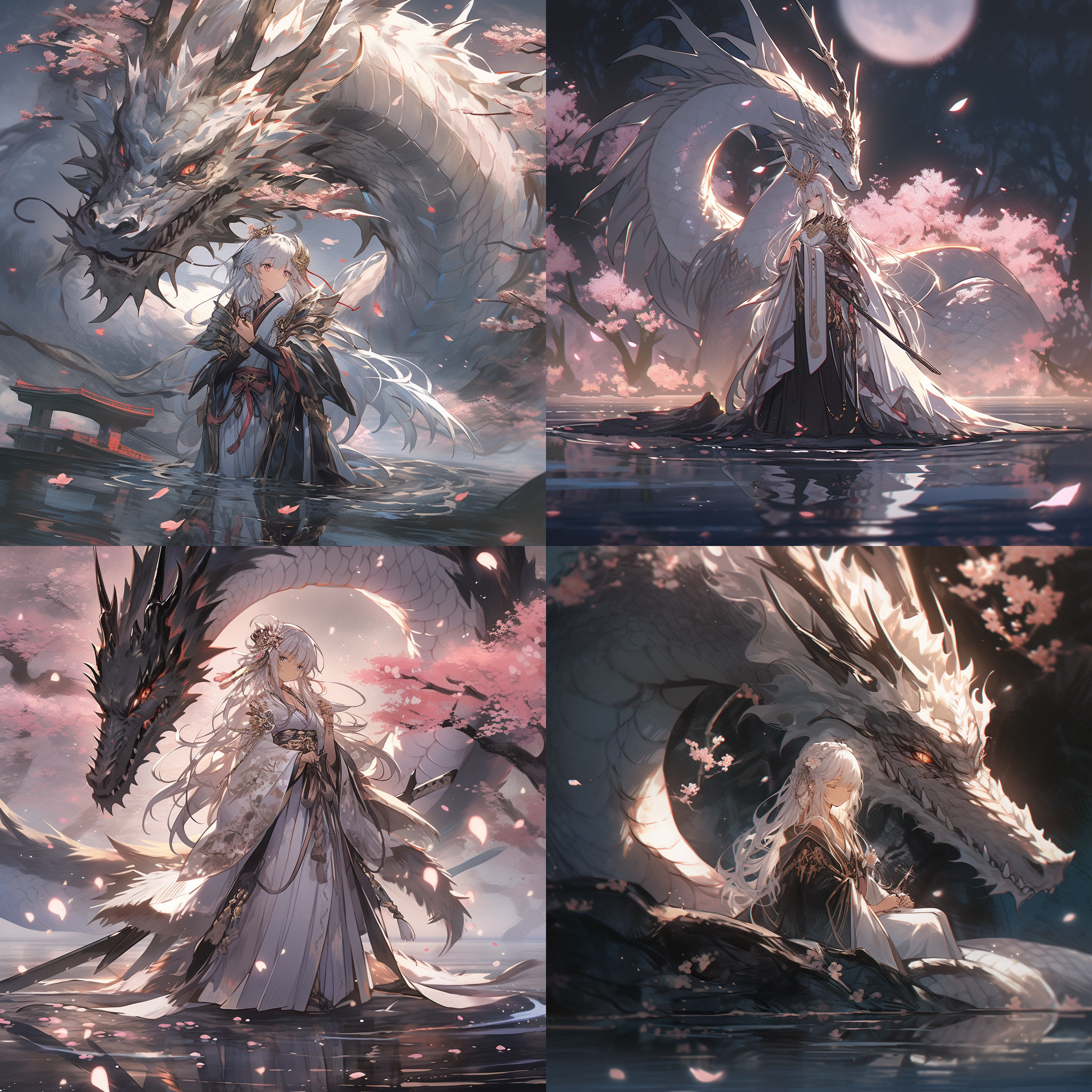 樱花盛开，月色，古风宝剑，优美曲线，细节丰富，清晰对焦，远景，冷色调，静谧，神秘。精灵女孩，巨龙依偎，手抚额头，柔和宁静，水元素羽翼，夜幕发光，星光柔和，芬芳弥漫，草地，长剑，远望，神秘活力，幻想探索，杰作级，光影特效，光线追踪逼真。