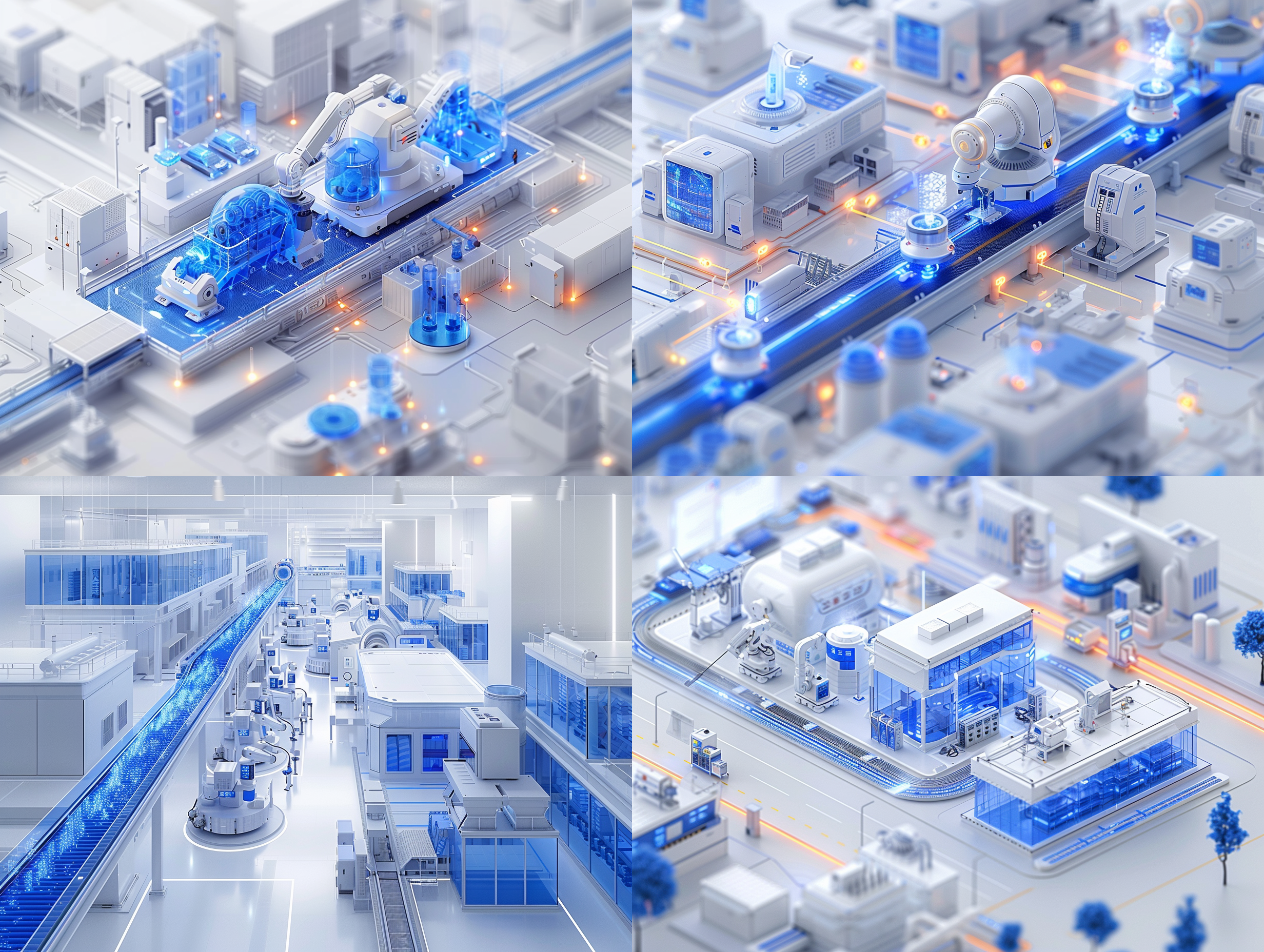 智能物流仓库内，机械臂与机器人协同工作，物品有序地移动到传送带上，准备高效配送。环境现代高科技，有柔和的蓝色装饰和简洁设计，给人宁静的感觉，颜色干净，有蓝色发光玻璃装饰，周围有白色空间，白色和蓝色的石膏风格，大光圈突出主体，空中视角。