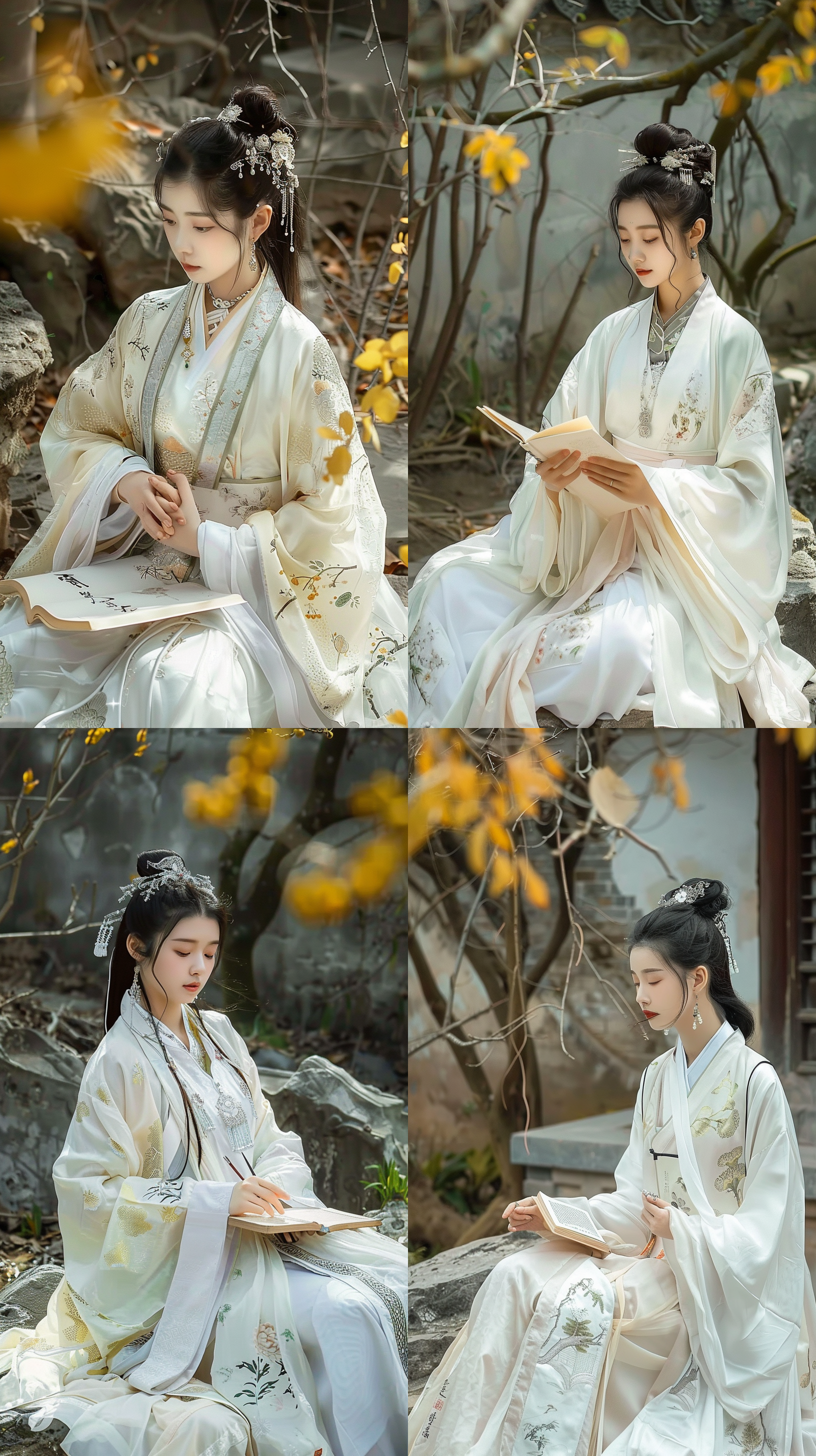 远景拍摄，中式园林，中国古代少女，白色真丝汉服，飘逸，全身照，头戴华丽银饰珠宝，沉思姿态，手持书籍，石头上坐，欣赏黄色腊梅花，自然幽静，专注表情，高分辨率，广角镜头，超高清，自然光，柔和光线，静谧氛围，细节丰富，古典美，文化气息。