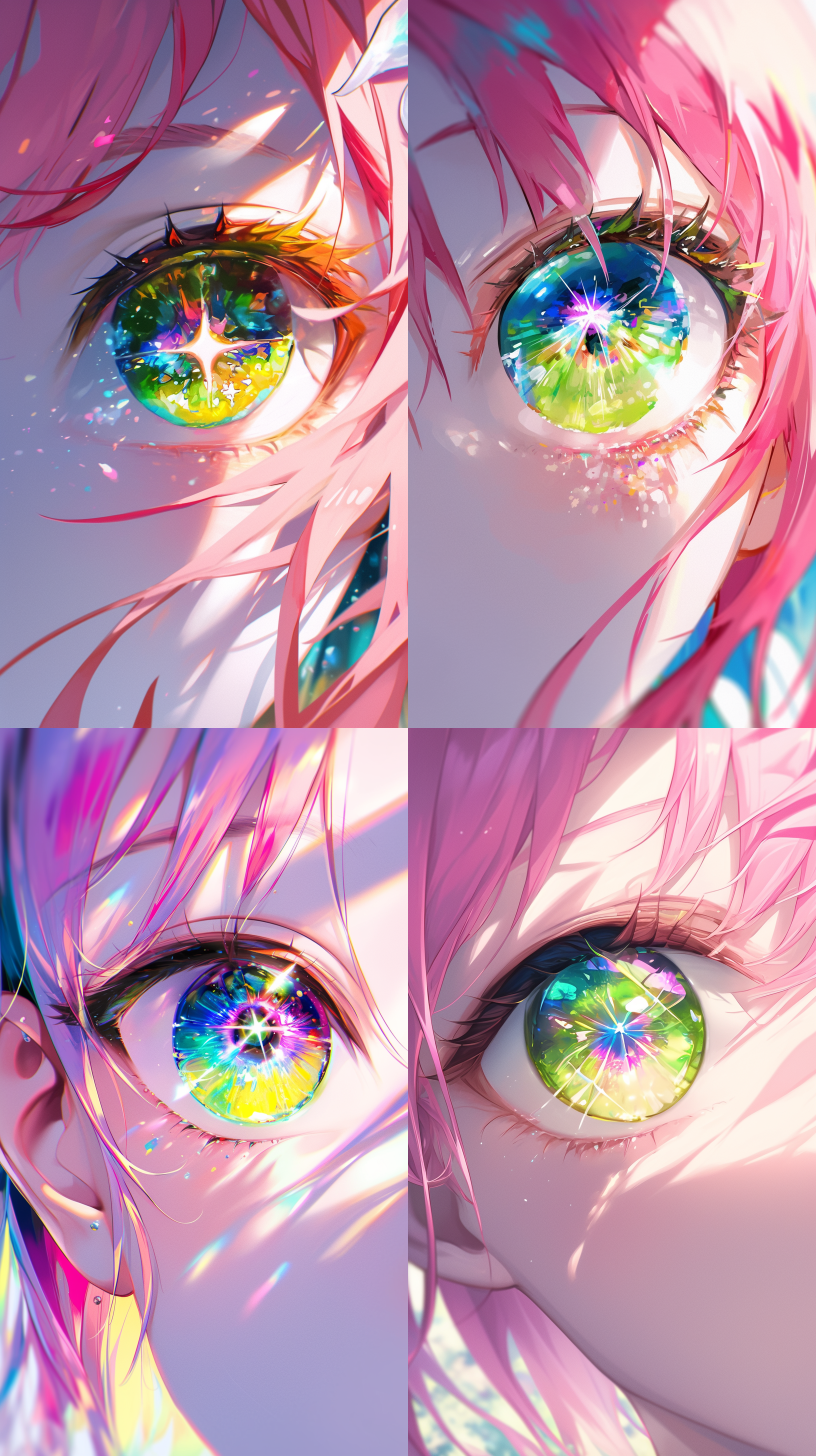 美丽动漫女孩，碧绿色的大眼睛，精致黑色长长的睫毛，泛着彩虹色反光，虹膜点缀的闪光，淡粉色秀发衬托着她清澈的眼眸，近景特写