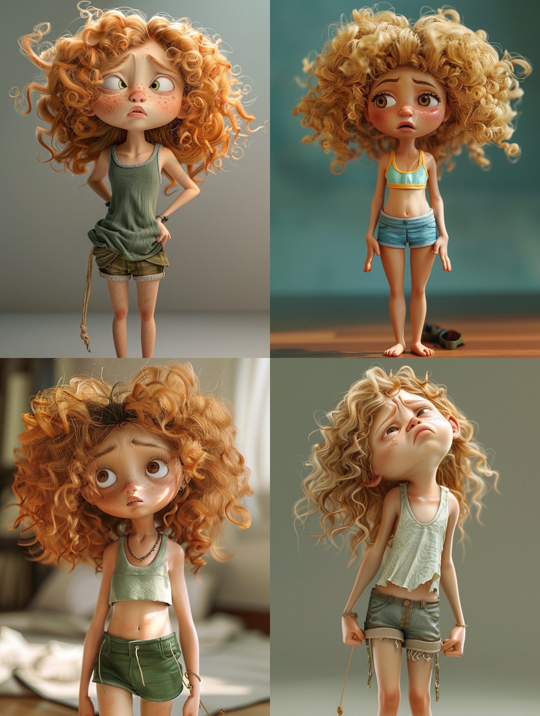 一个可爱的外国小女孩，金色大波浪卷发，穿着背心短裤，双手伸进短裤兜里，沮丧的低着头走路，抬头仰视看看皱着眉，挑了挑眉毛做了个鬼脸。自然光线，夏日炎炎，全身照，写实风格，3d风格，搞笑风格，明亮的光线，纯色背景，高品质，高细节，8k，oc渲染，高分辨率，