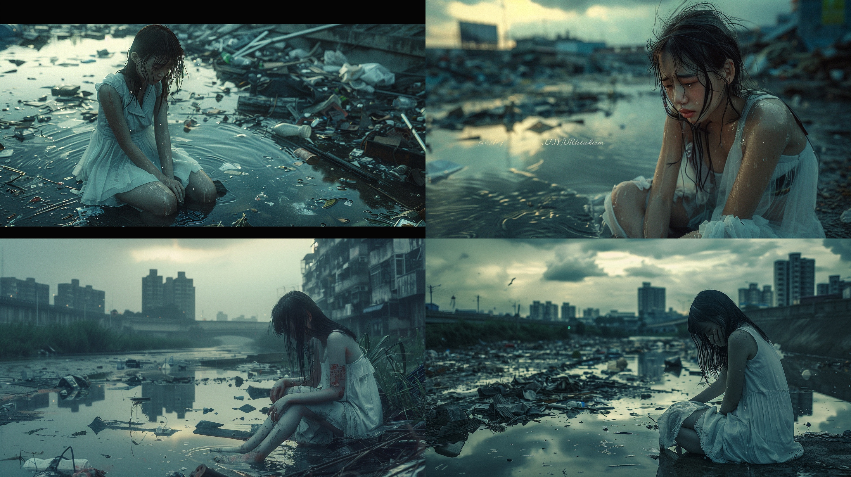 中国少女在河边悲伤泪流成河，眼神忧郁无助，泪流满面，强烈轮廓光，天空暗淡，少女皮肤红润，白色短裙，对角线构图，城市废墟的河流污秽不堪，超现实主义，全身大景，人物倒影，超高分辨率，超高清晰，壁纸，生活垃圾很多，广角全景，鸟瞰，蓝绿冷色画面，8k高清，超级细腻，oc渲染，低饱和度，悲伤氛围，stylize600。