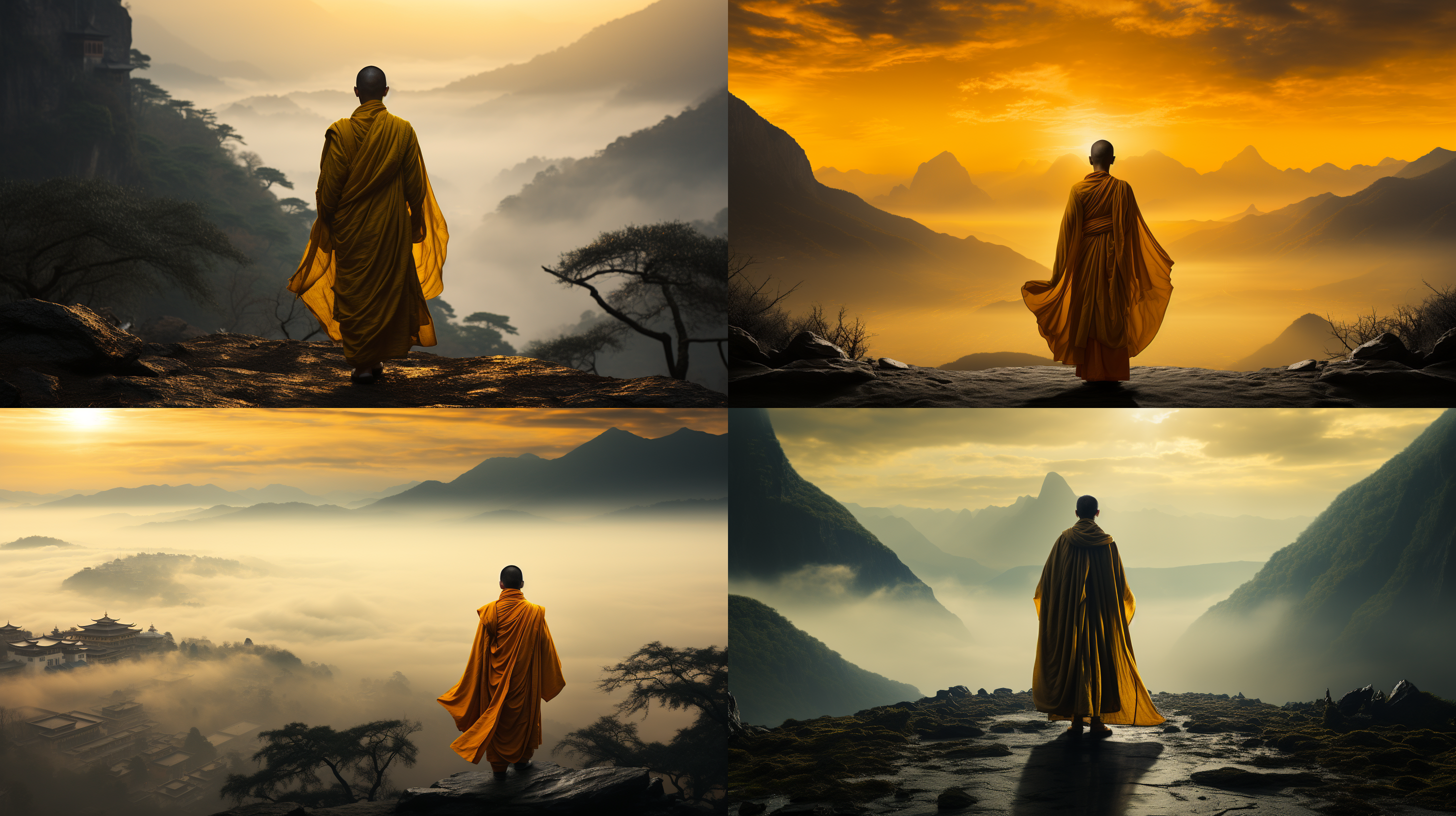 云海中寺庙隐现，佛光映照，远山若隐若现，前景黄色僧袍和尚静立，中长焦镜头，逆光拍摄，中长调对比，细腻质感，高画质，宁静，神秘，超然。