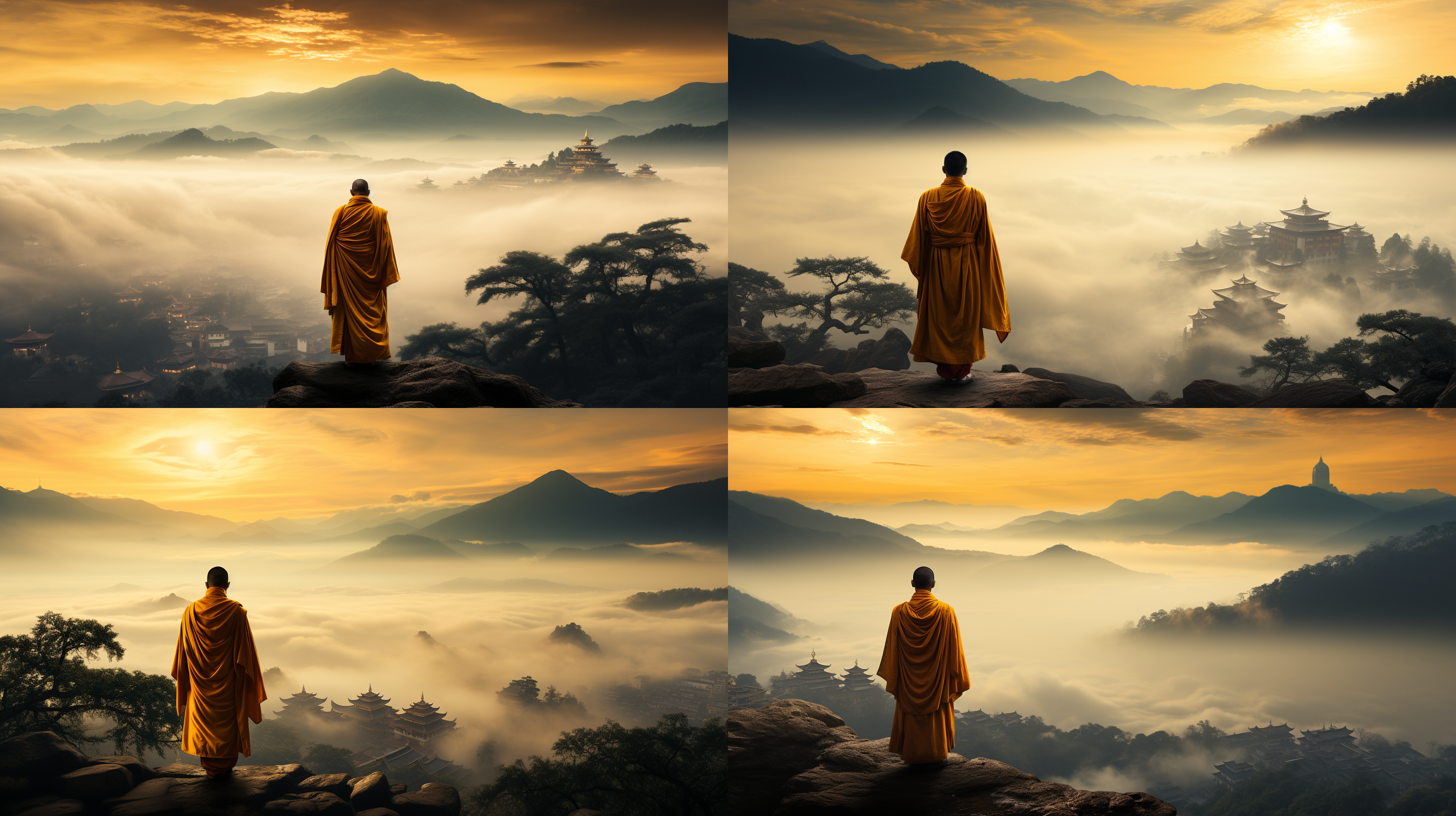 云海中寺庙隐现，佛光映照，远山若隐若现，前景黄色僧袍和尚静立，中长焦镜头，逆光拍摄，中长调对比，细腻质感，高画质，宁静，神秘，超然。