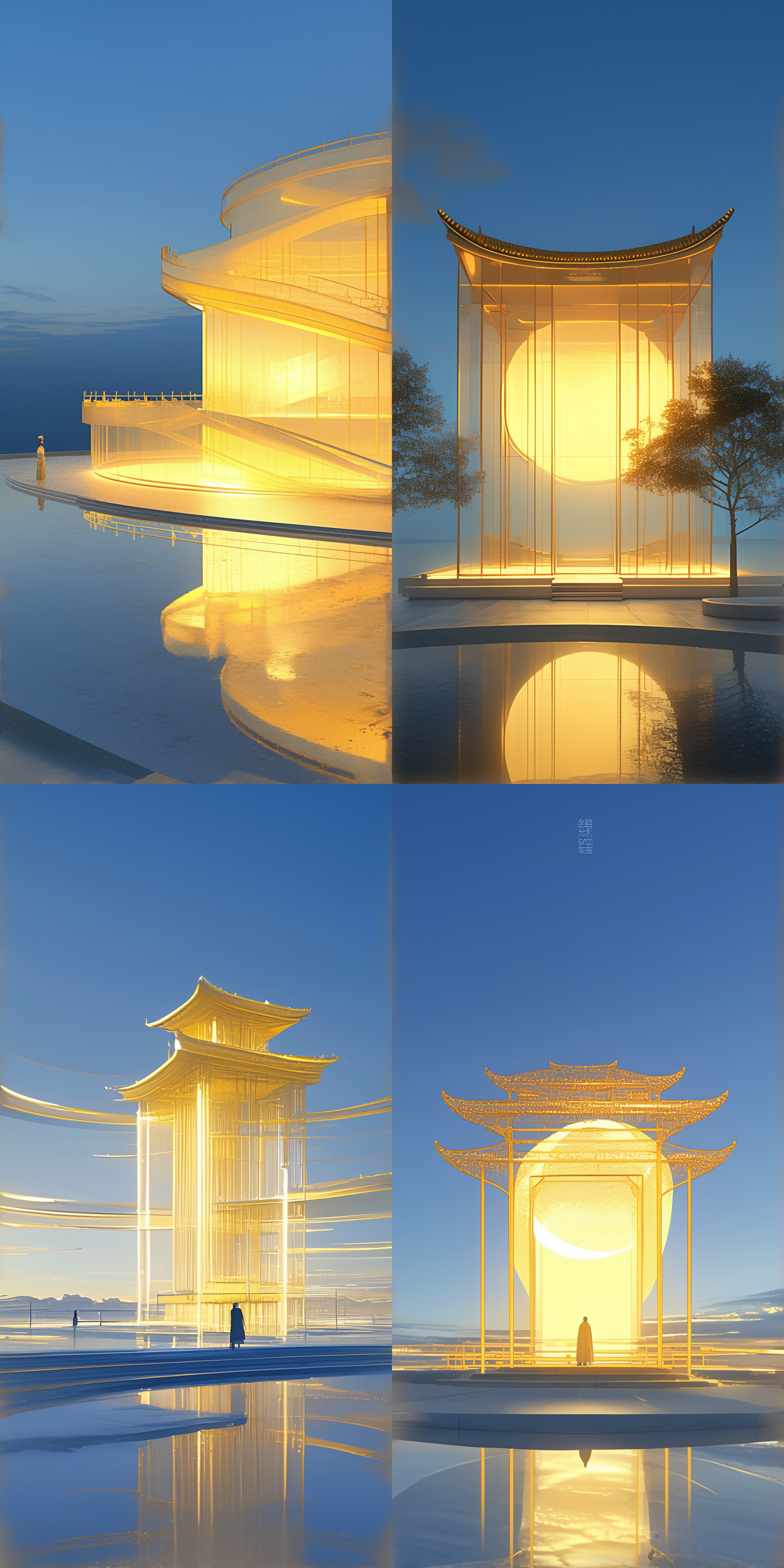 圣地环海建筑，反光玻璃，金色长袍作者，放射状布局，神圣庇护感，东方壁纸风格，极简主义，广角镜头，自然光，清晰细节，宁静氛围，深蓝海水，金色阳光。