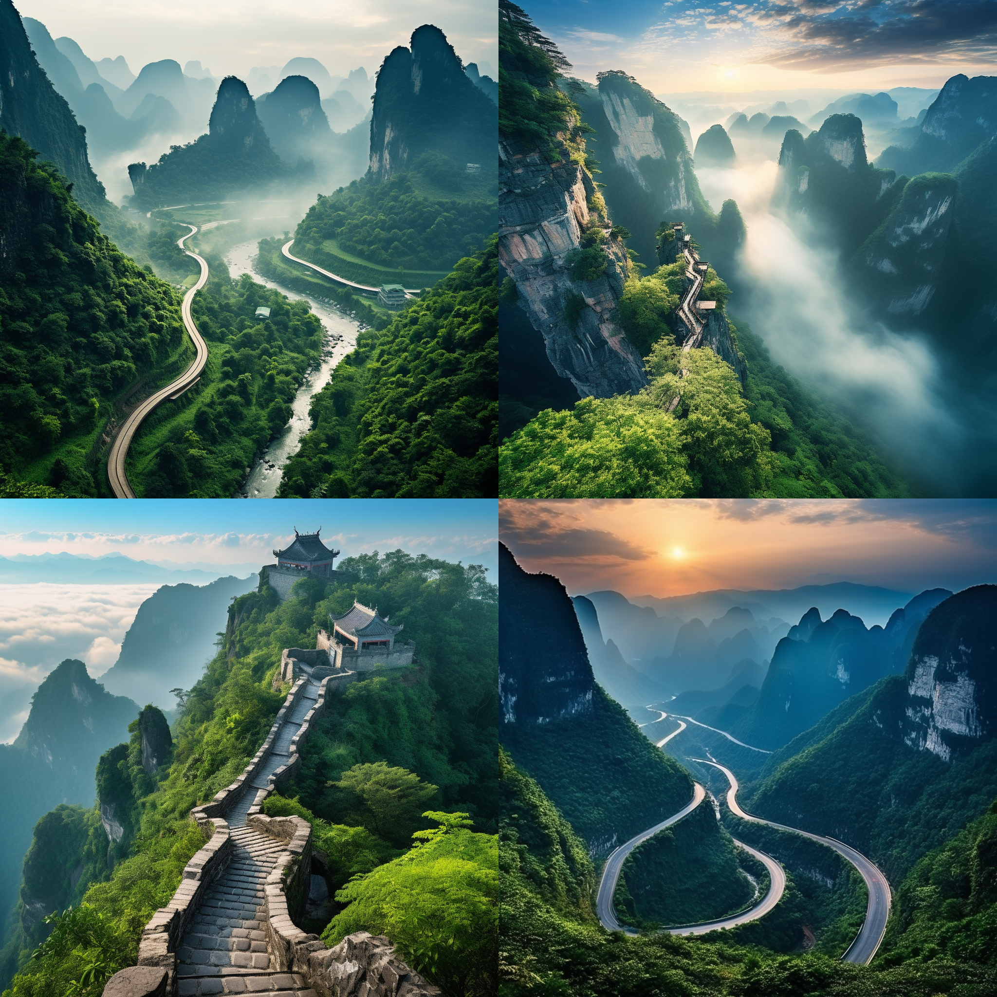 天门山高耸入云，楚江如绿带蜿蜒，中国山水画风格，细节丰富，千里画卷，绿金相间，古老艺术风格，宁静永恒，传统艺术，细节丰富，水墨效果，柔和灯光，平静祥和，动画艺术风格。