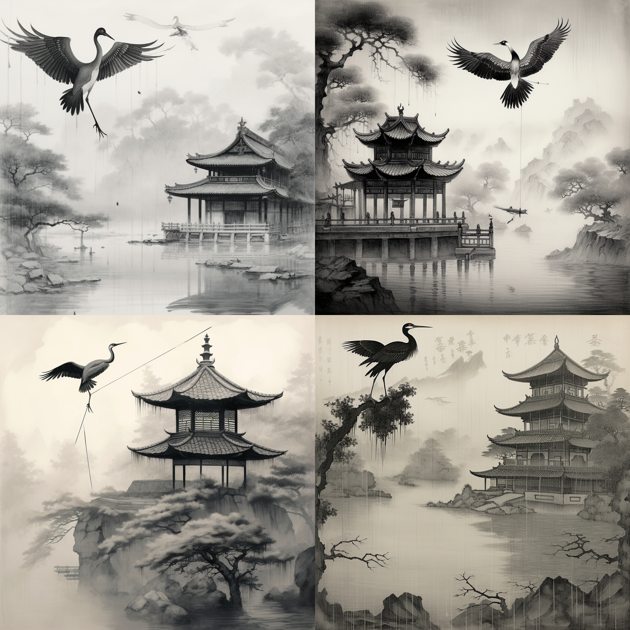 中国古代诗人骑仙鹤，水墨画风，江南烟雨楼，黑白灰色调，远景，仙鹤展翅，诗人衣袂飘飘，仰望天际，细腻笔触，柔和光线，梦幻氛围。