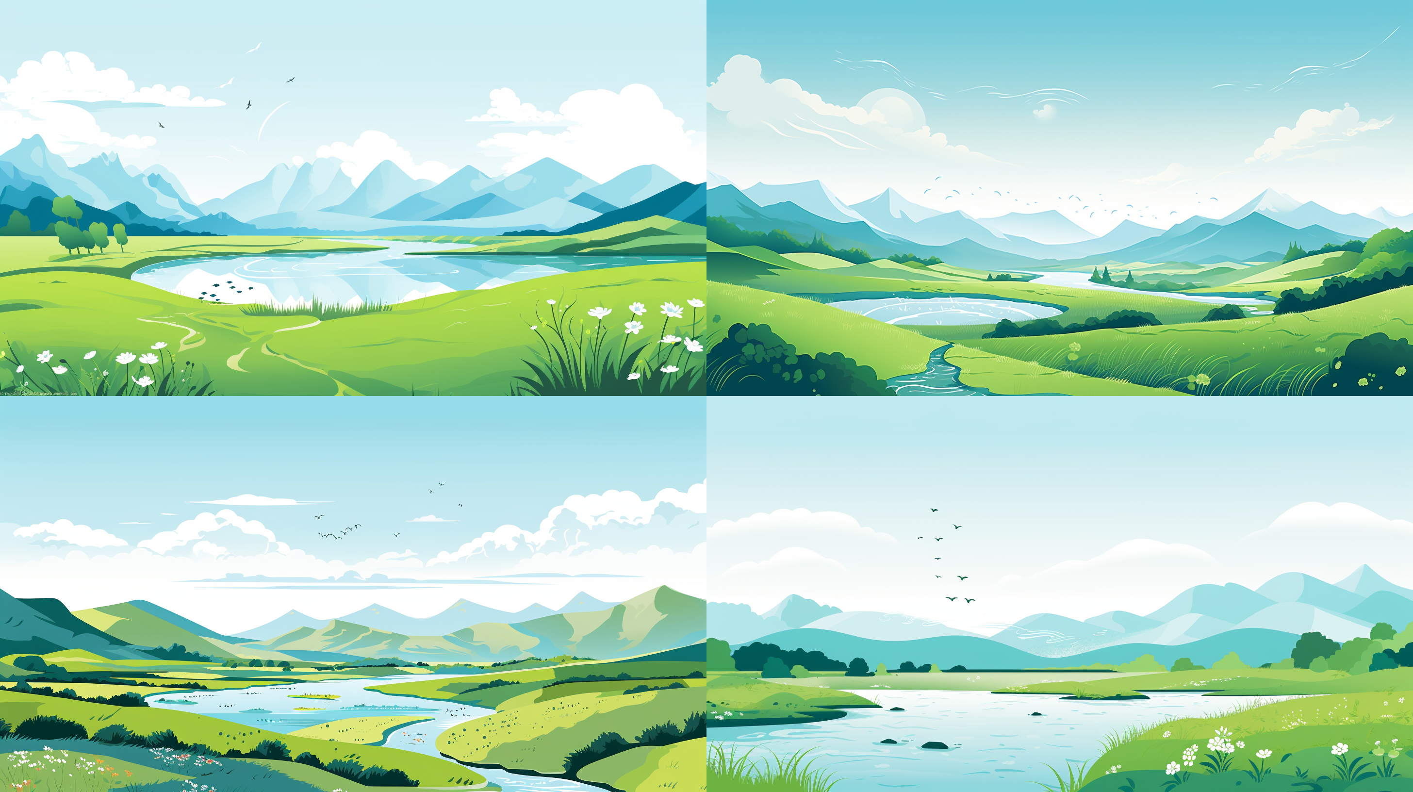 扁平化风格插画，秦岭山水，户外野外科考，明亮统一色调，1/3留白，简约线条，色彩统一，清新自然，扁平化设计，高饱和绿色，线条简洁，色彩和谐，自然气息，户外环境，扁平化插画，自然风光，科考活动，明亮色彩，简约风格，和谐色调，自然元素，户外场景，扁平化艺术，高饱和色彩，简洁线条，自然氛围。