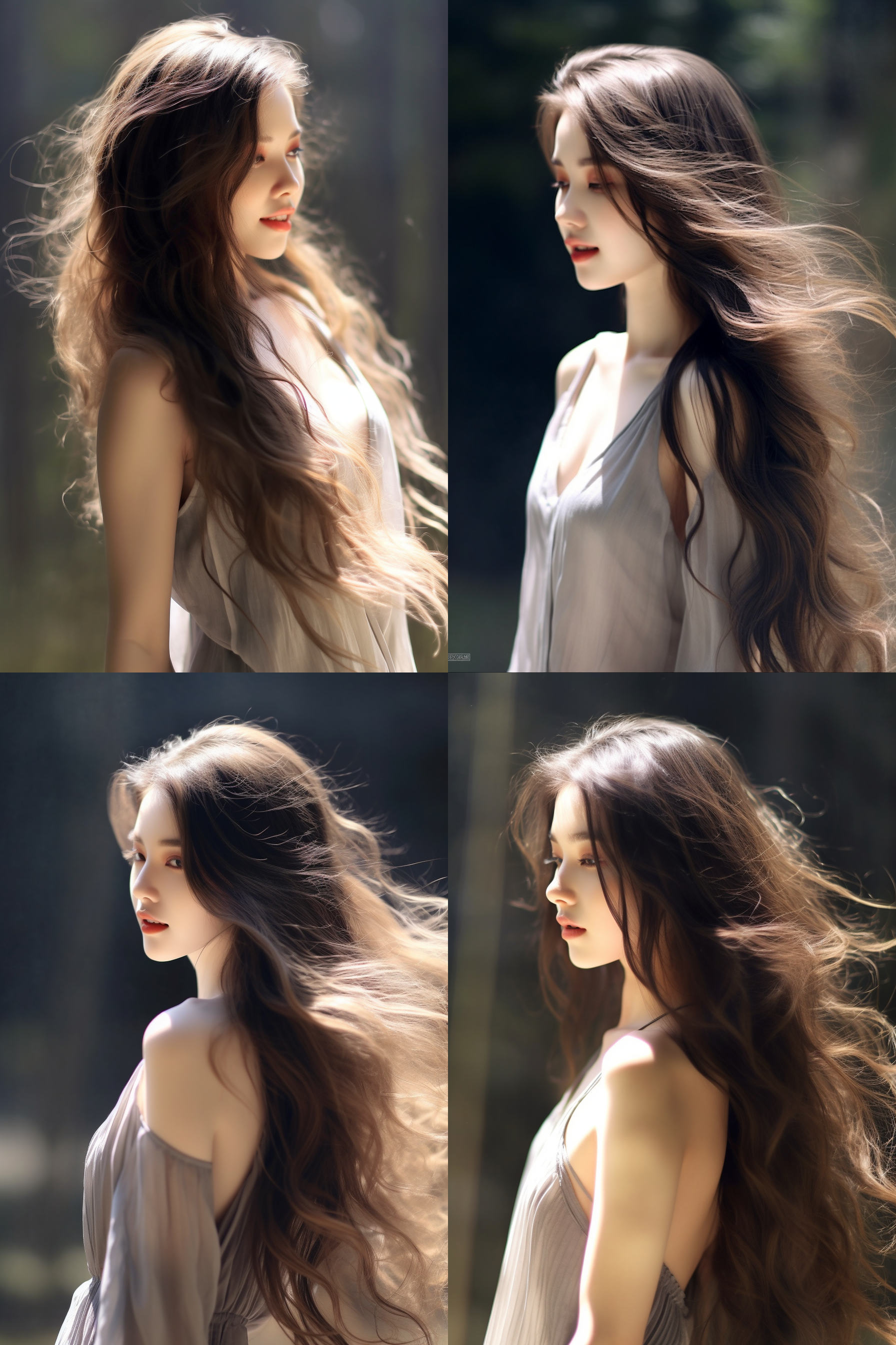 长发女子，侧脸特写，柔顺光泽，自然光，温暖色调，背景虚化，85mm镜头，微风轻拂，温柔微笑，细腻皮肤质感。