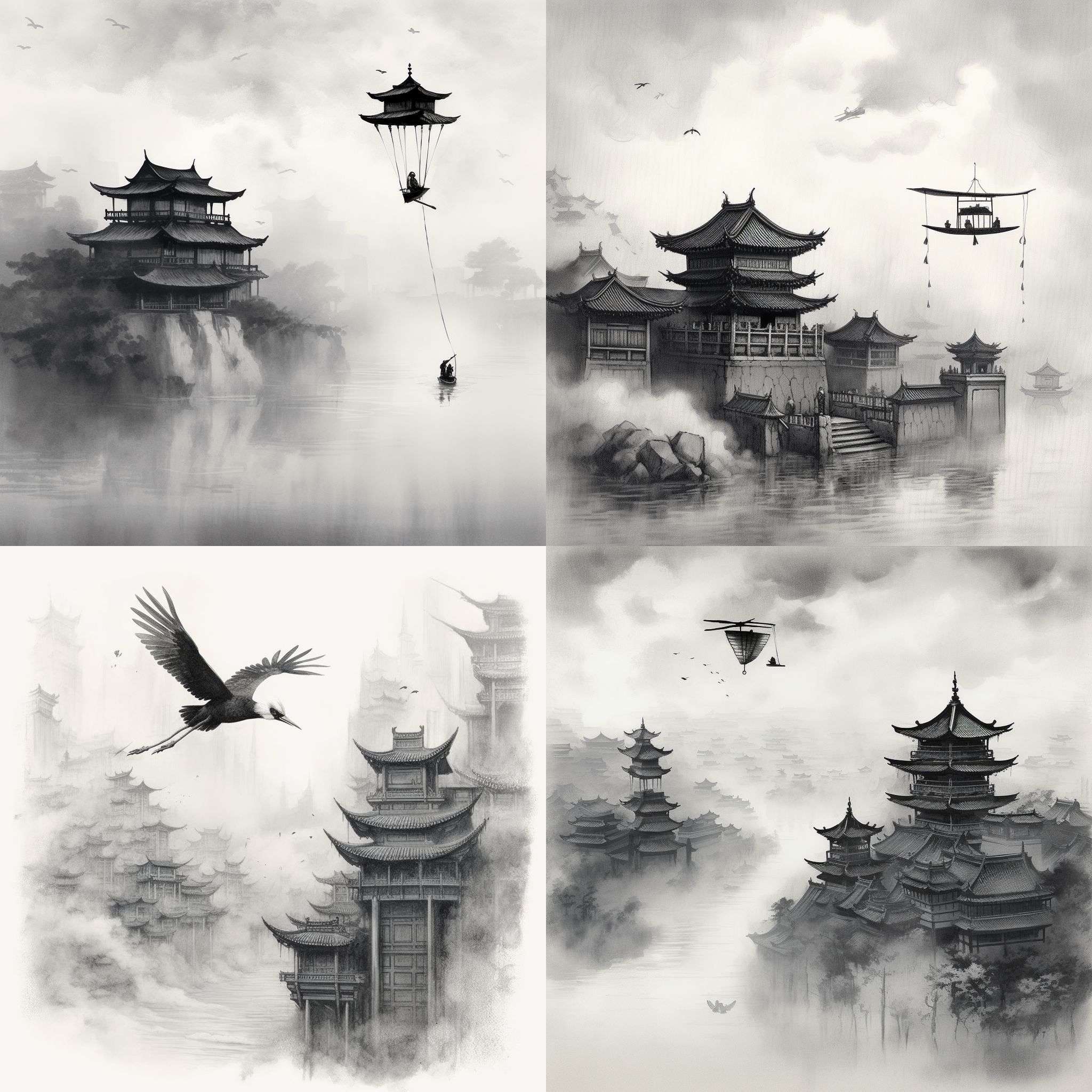 一位来自中国古代伟大的诗人，骑在一只仙鹤上，在江南烟雨楼中向着天边飞去，水墨风格，黑白灰调