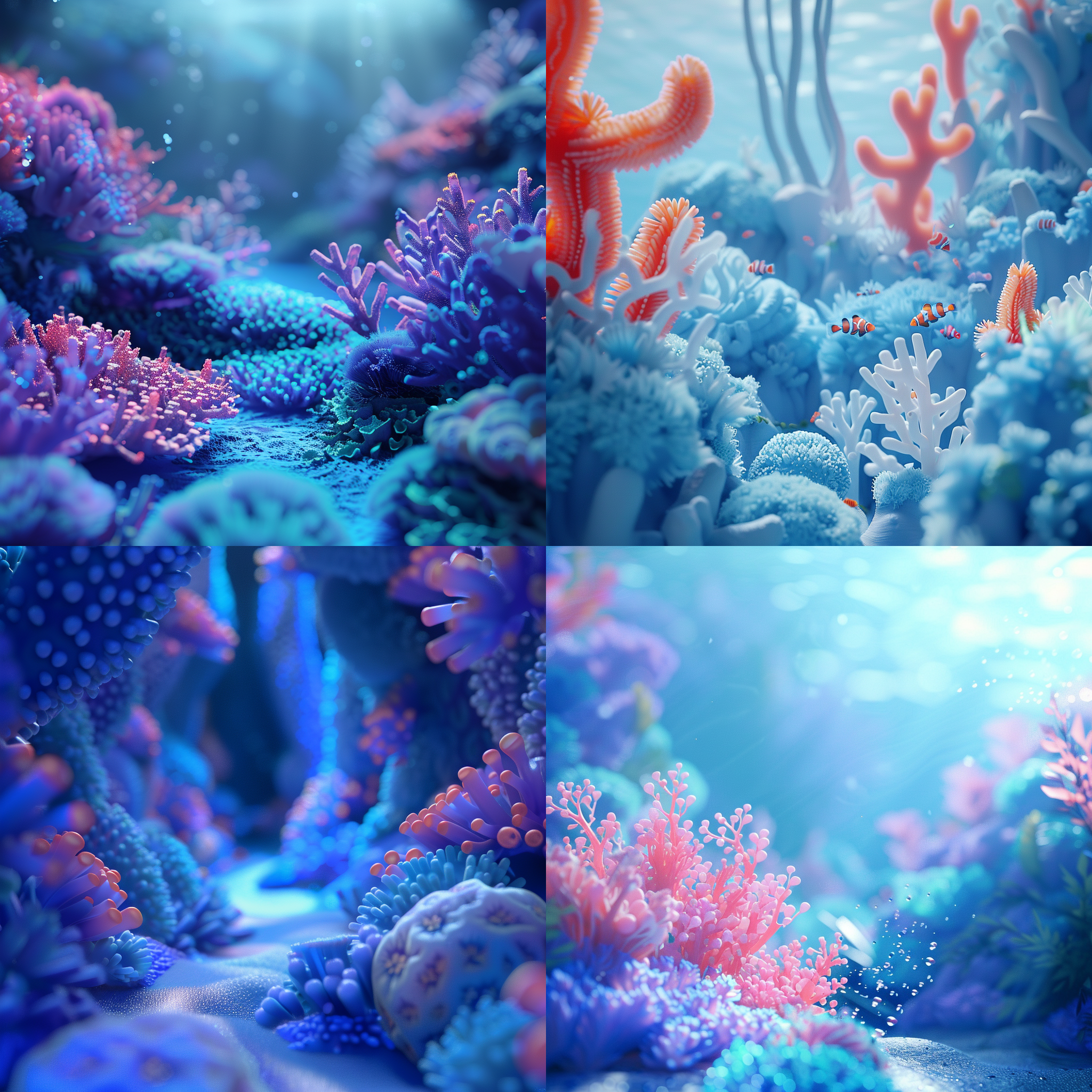 3d渲染，蓝色海底世界，卡通风格，简约，无生物，明亮色彩，微距镜头，水下摄影，柔和光线，宁静，珊瑚，轻松。