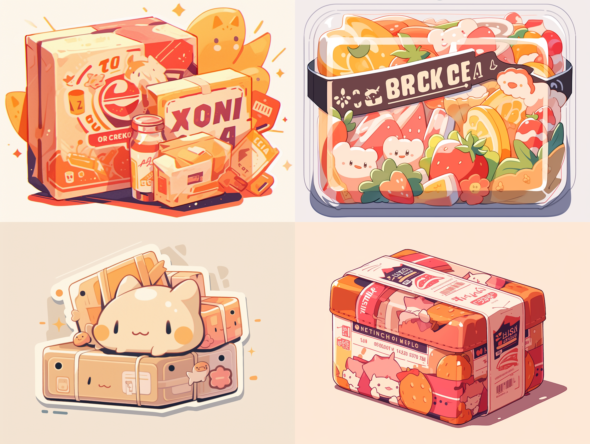 卡通包装贴纸图片，扁平化设计，正面视角，高清晰度，细节丰富，4k分辨率，oc渲染器，鲜艳色彩，简洁线条，平面构图，无阴影，无纹理，视觉冲击力强。