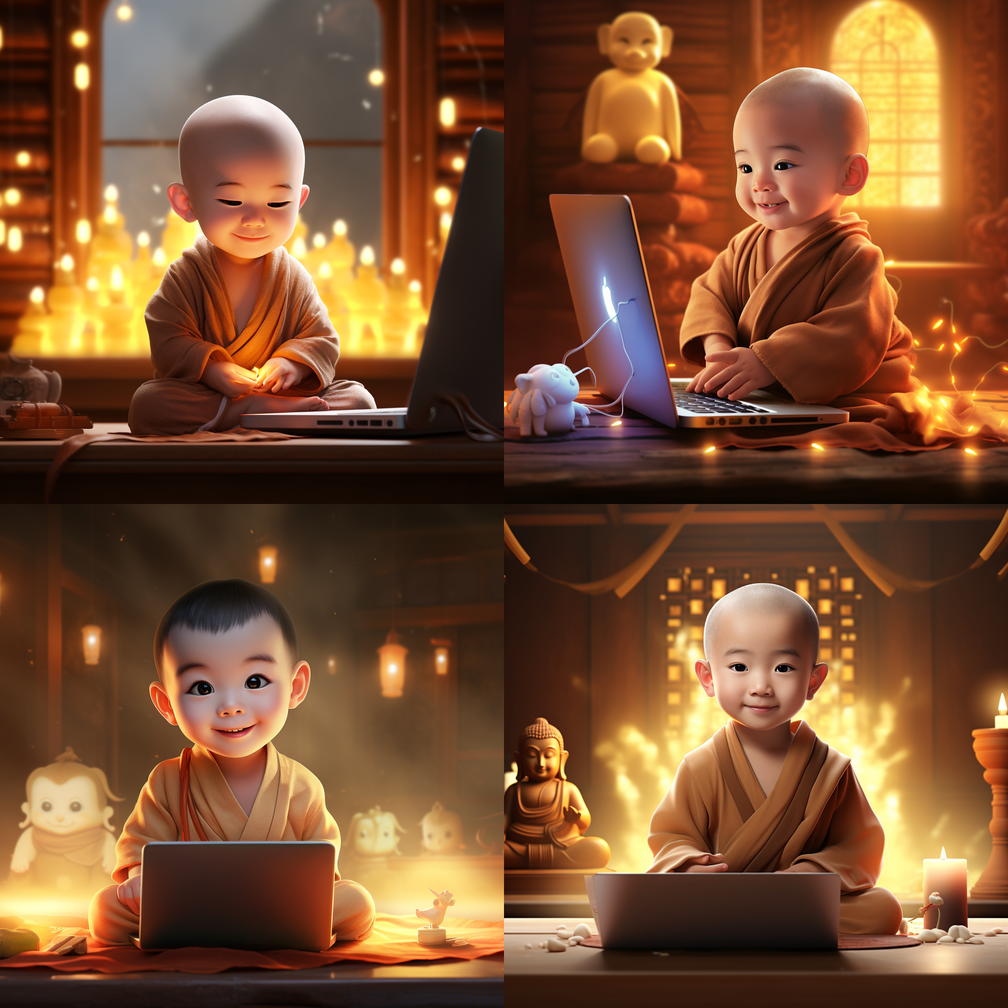 小和尚冥想，twitch直播，洪正浩风格，头部特写，柔和光影，可爱动人，充满活力，2050年，unity hdrp渲染，心灵净化，幼童，宁静安详，初学者，电脑前，和谐友好，儿童氛围，微笑表情，孩子气。