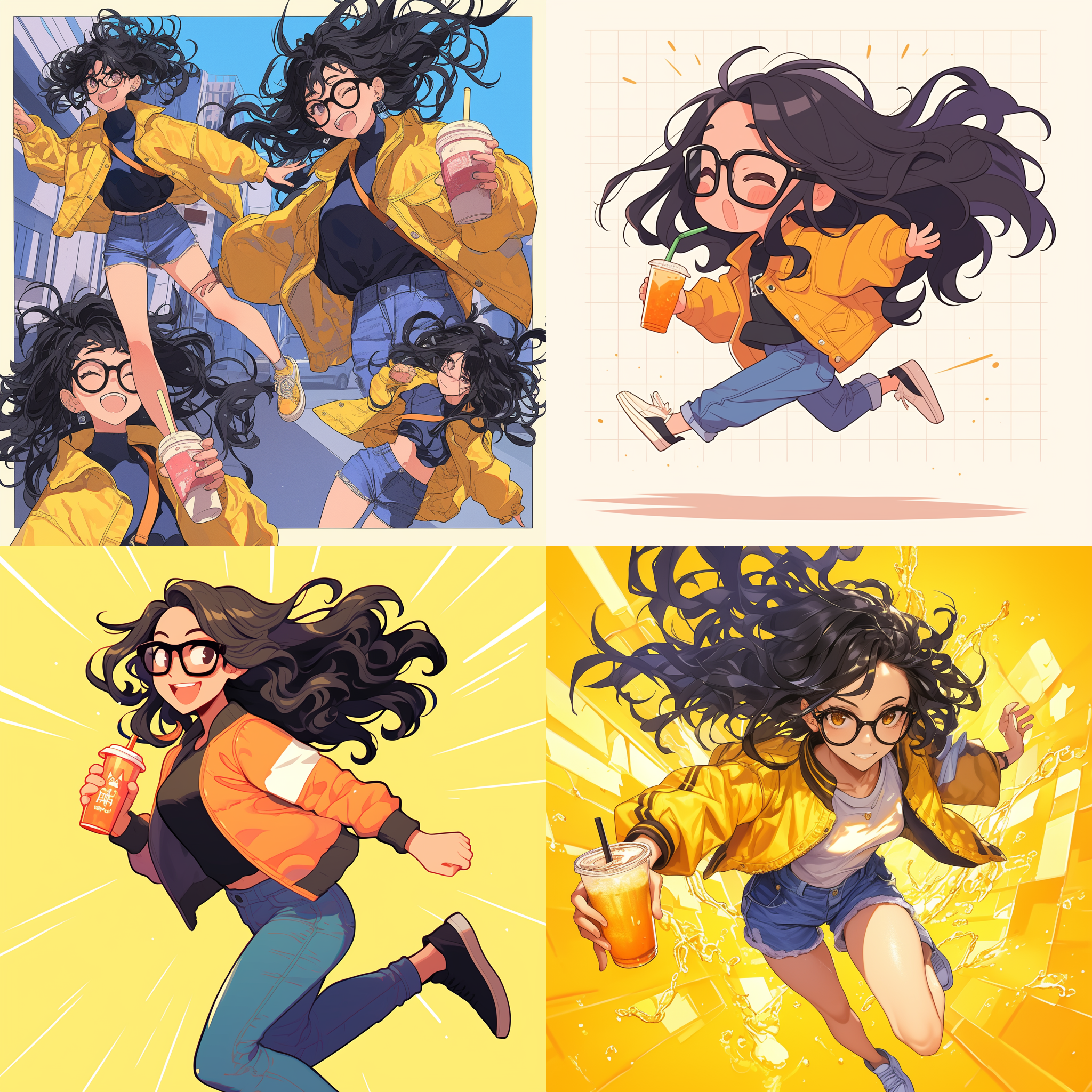 穿着黄色牛仔夹克的都市女孩，波浪状的黑色长发，带着黑框眼镜，手拿一杯橙色饮料，奔跑中的连续镜头，丰富表情动作，可爱画风，同人画，瓷砖背景，全身照，抗锯齿处理