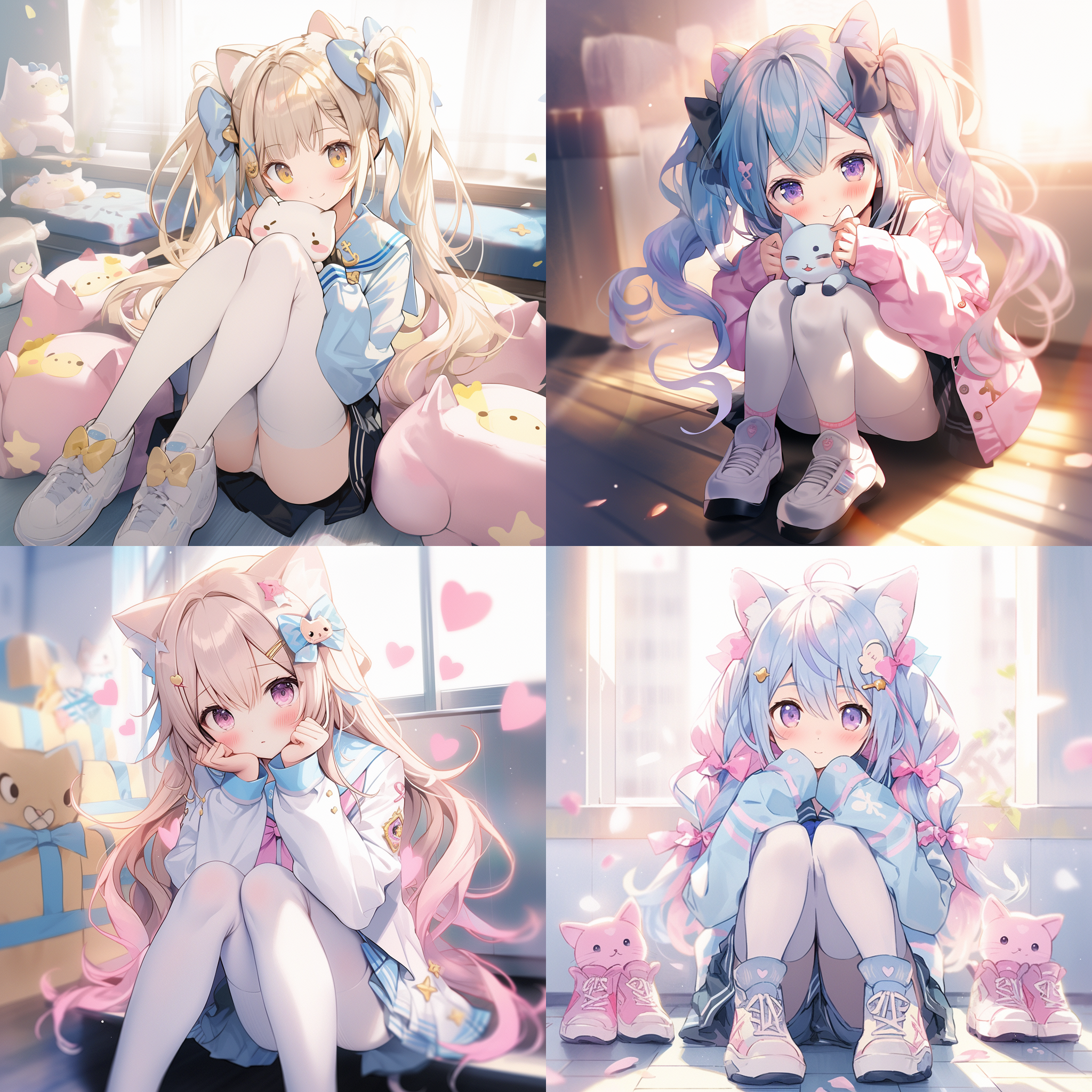 学生，金蓝灰粉多彩渐变长发，刘海，双马尾，兔耳发饰，可爱脸庞，淡淡腮红，心形瞳孔，水手服，白色连裤袜，室内鞋，猫姿态，大小姐气质，高分辨率，自然光，柔和色调，全身照，微笑表情，优雅动作。