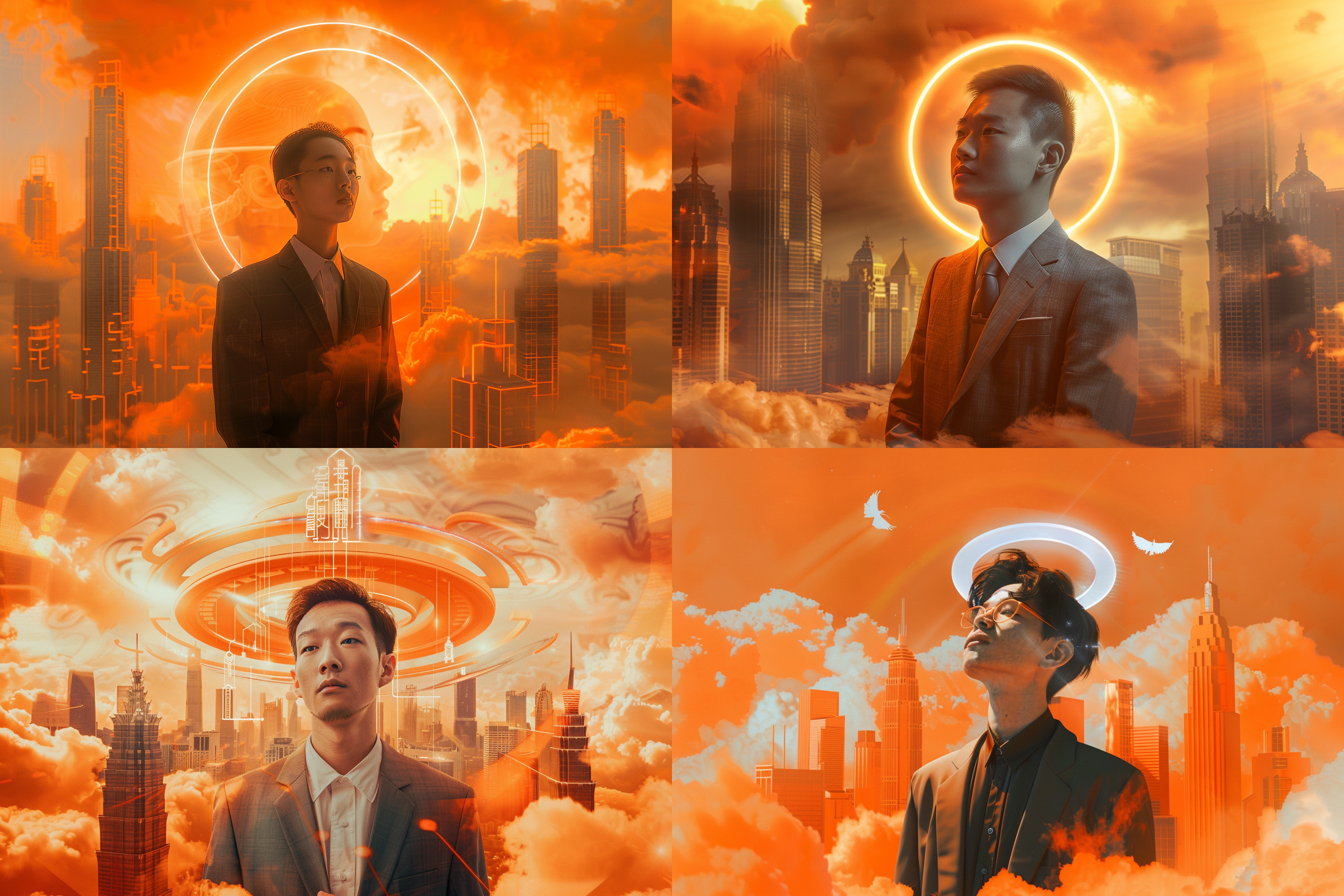 8k octan advertising photo, photo style of shawn paul tan, in front of an orange background, floating city in the sky, other bedrooms can be seen, npc with a saint's halo, artist's impression, both faces visible, gray and orange colours, trending on textures. com, luxurious suit, sichuan, cloud server, qled, inspired by ai weiwei