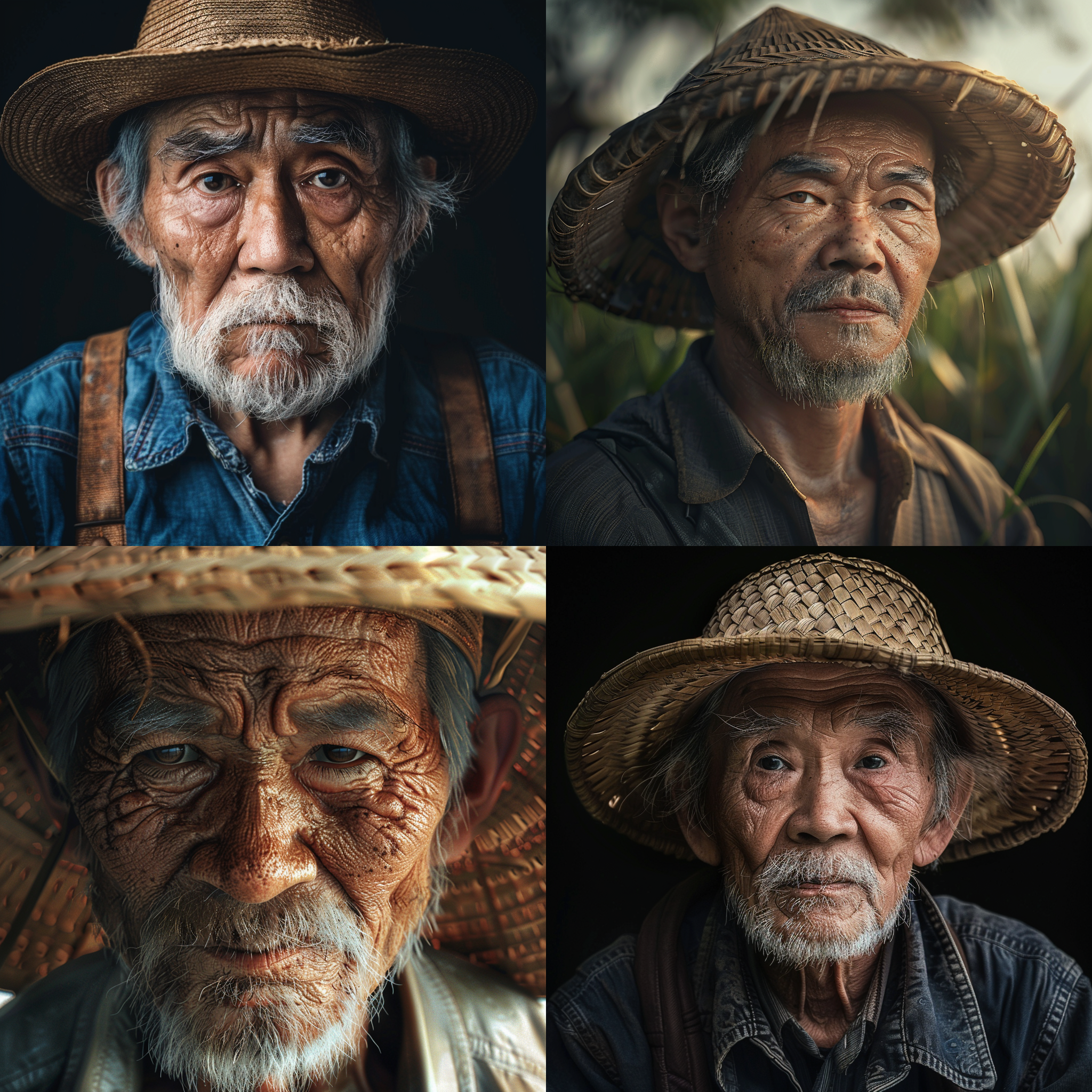 image of an old farmer, an asian farmer wearing a hat, with strong facial expressions and realistic photos