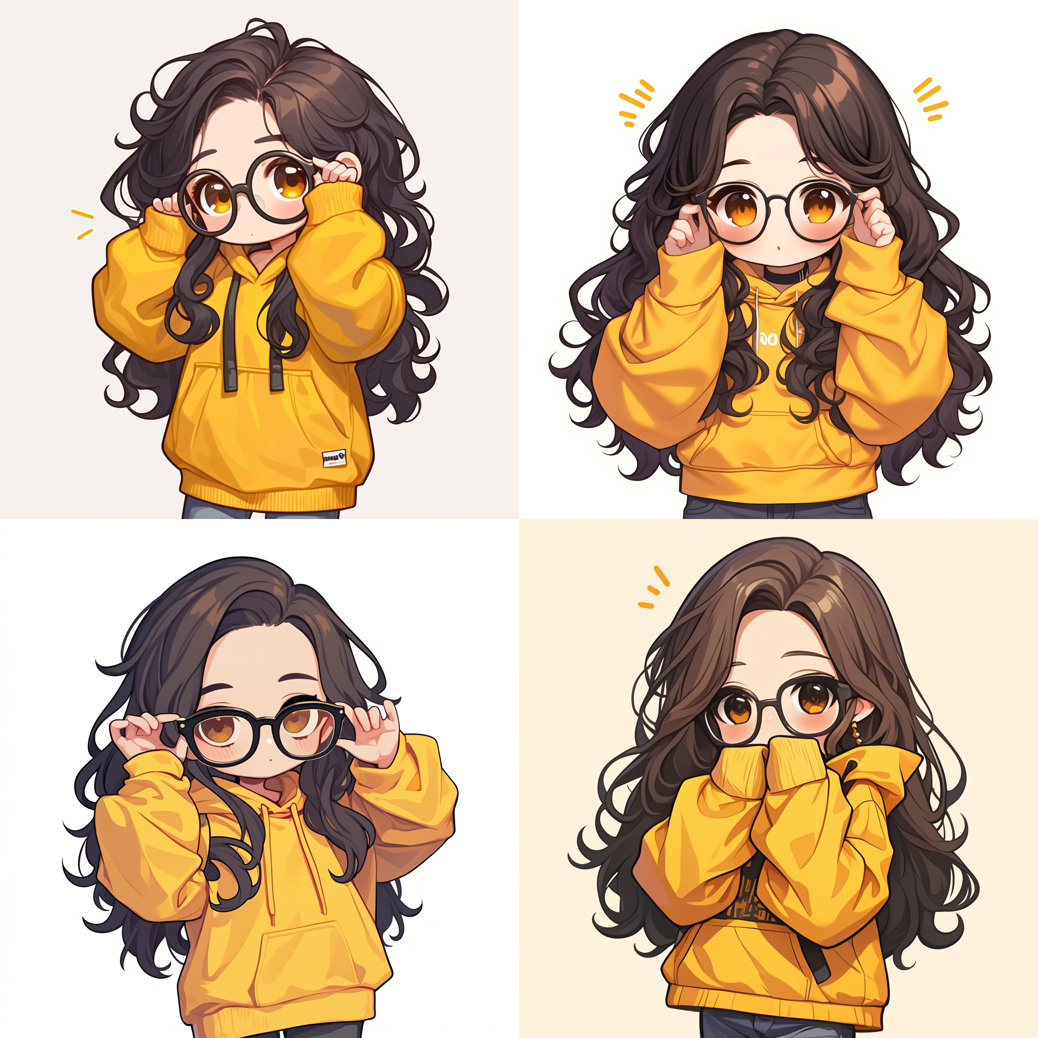 苏打主题女孩，穿着黄色连帽衫，波浪状的黑色长发带着眼镜，可爱的休闲街头服饰，网络漫画风格，同人画，抗锯齿处理