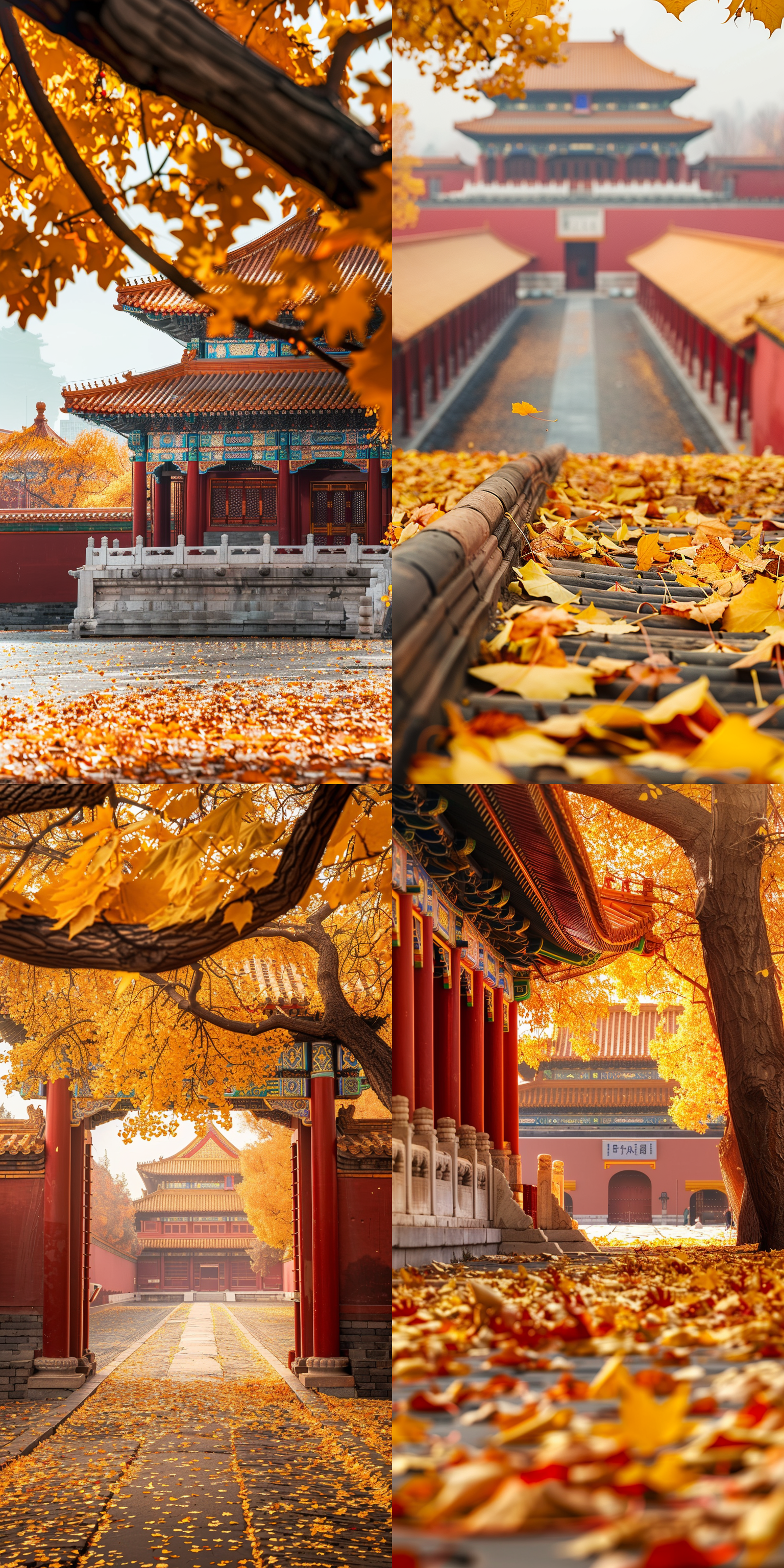 故宫秋色，枫叶飘落，金黄色调，对称构图，长焦镜头，逆光，柔和光线，静谧，历史感，红墙黄瓦，北京城市背景。