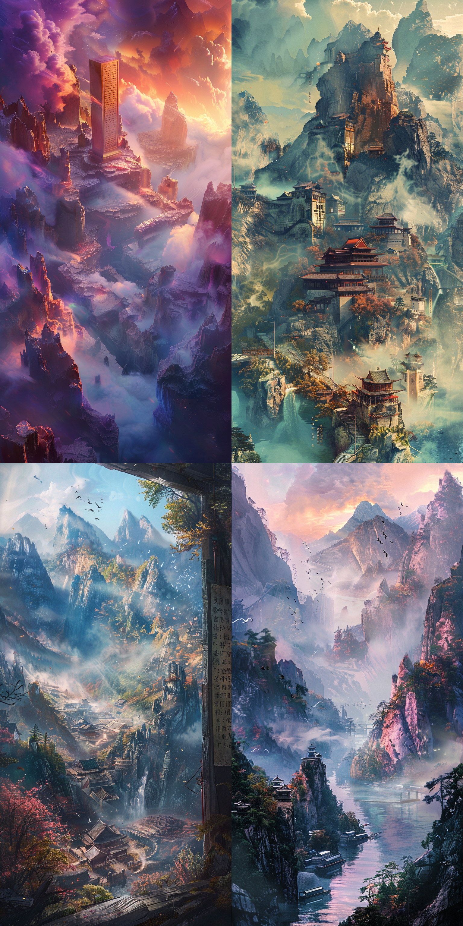 幻想风格油画，可爱，流动的书页，中国梦境，cgi 8k，虚幻引擎渲染，超真实烟雾，戏剧性，纸质村庄，超现实梦幻诗意，壮丽的山峰，纸上的文字，微型世界，柔和光线，全景视角，细腻纹理，温暖色彩，宁静氛围。