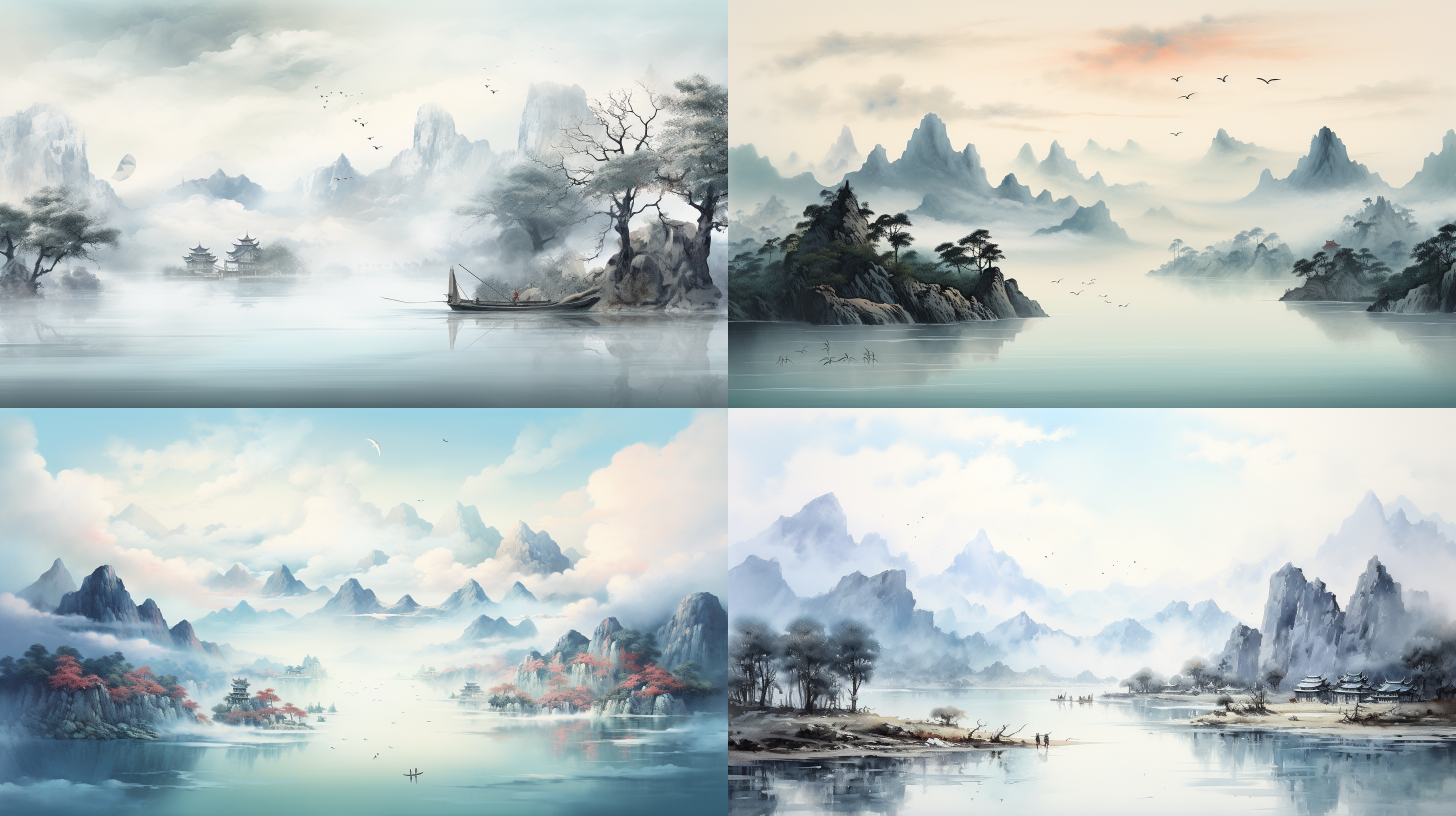 中国山水画，细腻勾勒，千里江山，青绿金色，古风意境，悠远绵长，传统艺术，细节丰富，水墨效果，柔和光线，平静安详。 动画艺术