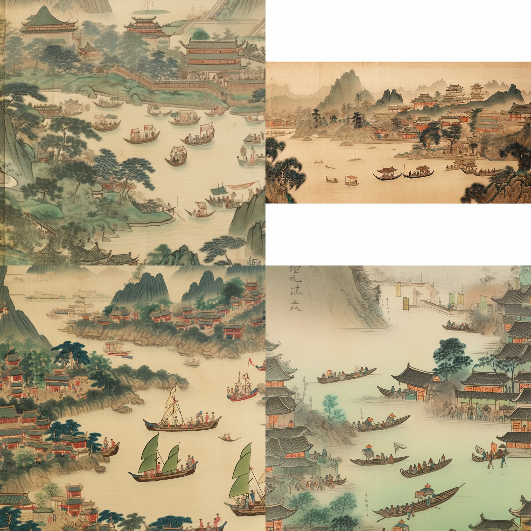 中国古代工笔画描绘古城繁华景象，人物、船只与龙舟赛场景，超高清摄影，色彩丰富，青山绿树碧水，拱桥两侧房屋众多，树木掩映，细节丰富，张择端艺术风格，