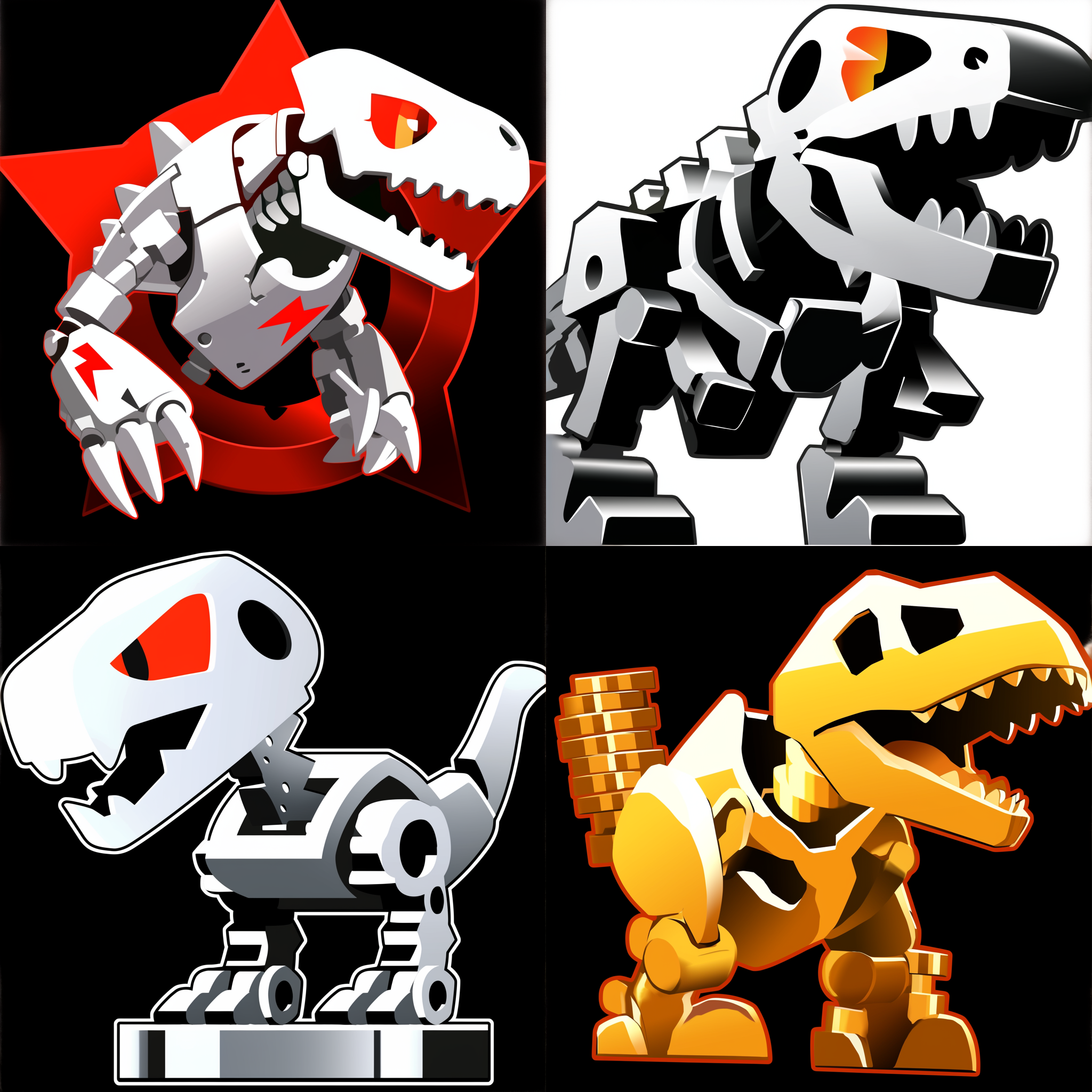 骷髅暴龙，全身图，机械骷髅，矢量绘制，商标插画风格，简单色彩，黑色背景，logo，icon