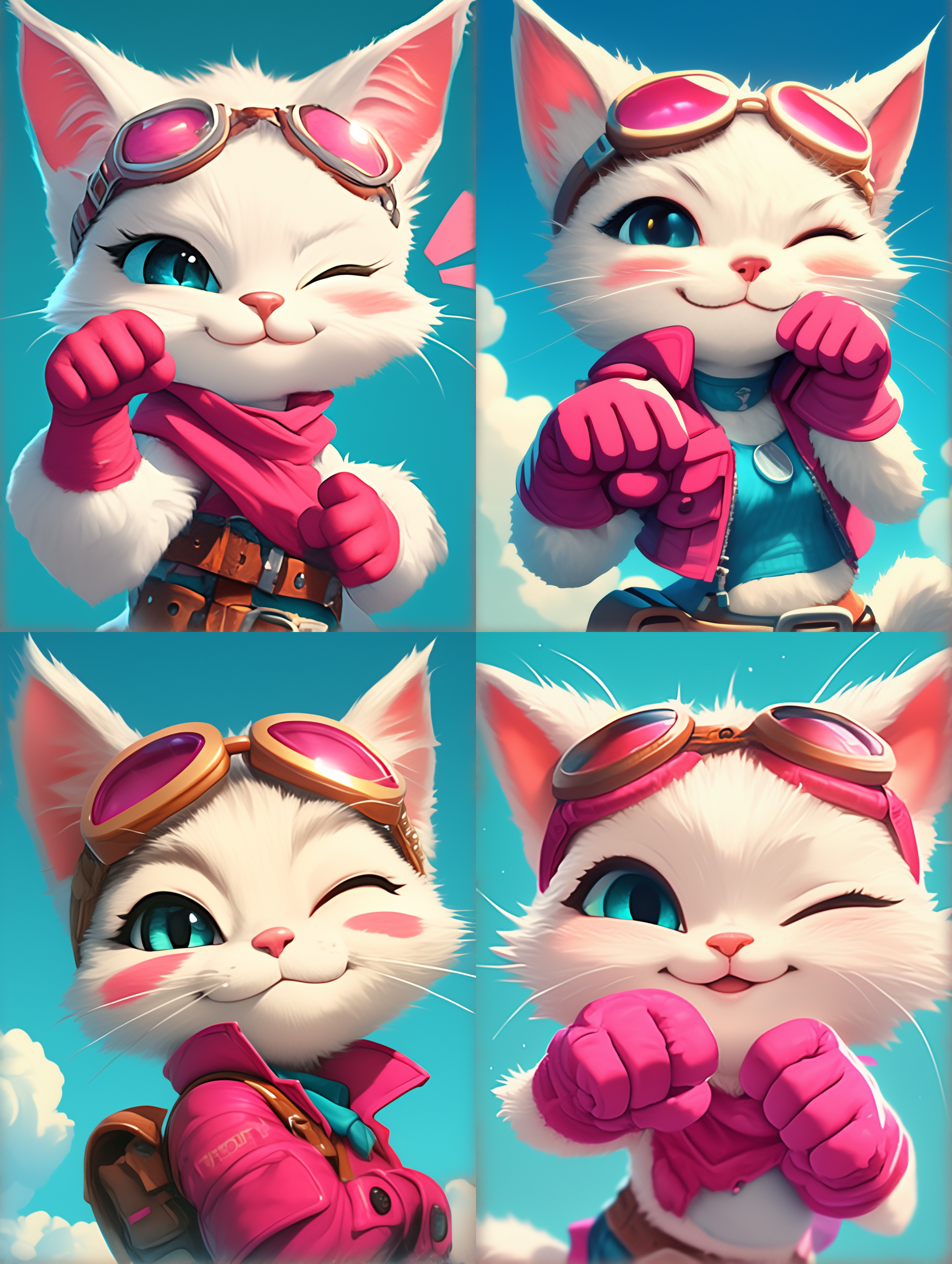 卡通猫正面视角，奇幻装扮，鲜艳色彩，立体光照，表情动画，动态捕捉，数字艺术，虚拟现实，可爱3d化身，精细渲染，正面光照，高饱和度，快速快门，运动模糊，夸张表情，强烈深度感。