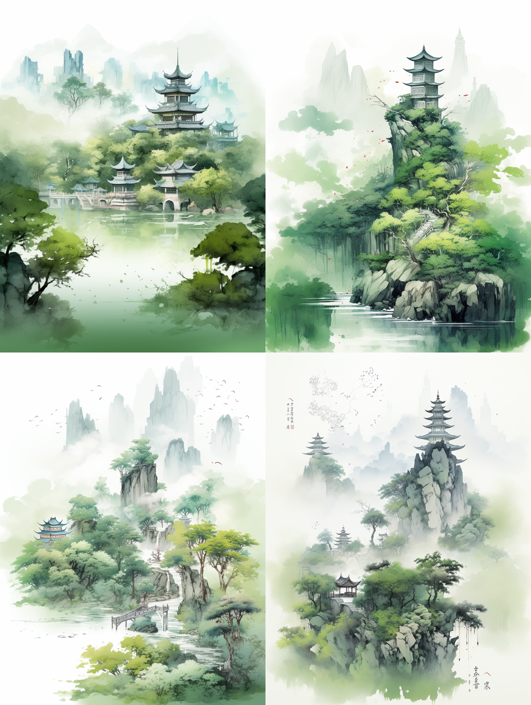 夏日风景，密林深处，亭台楼阁，文昌塔矗立，中国水墨画风格，留白技法，翠绿色调，纸本插画质感，2d与3d结合，浮雕效果，8k高清分辨率，细腻纹理，静谧氛围。