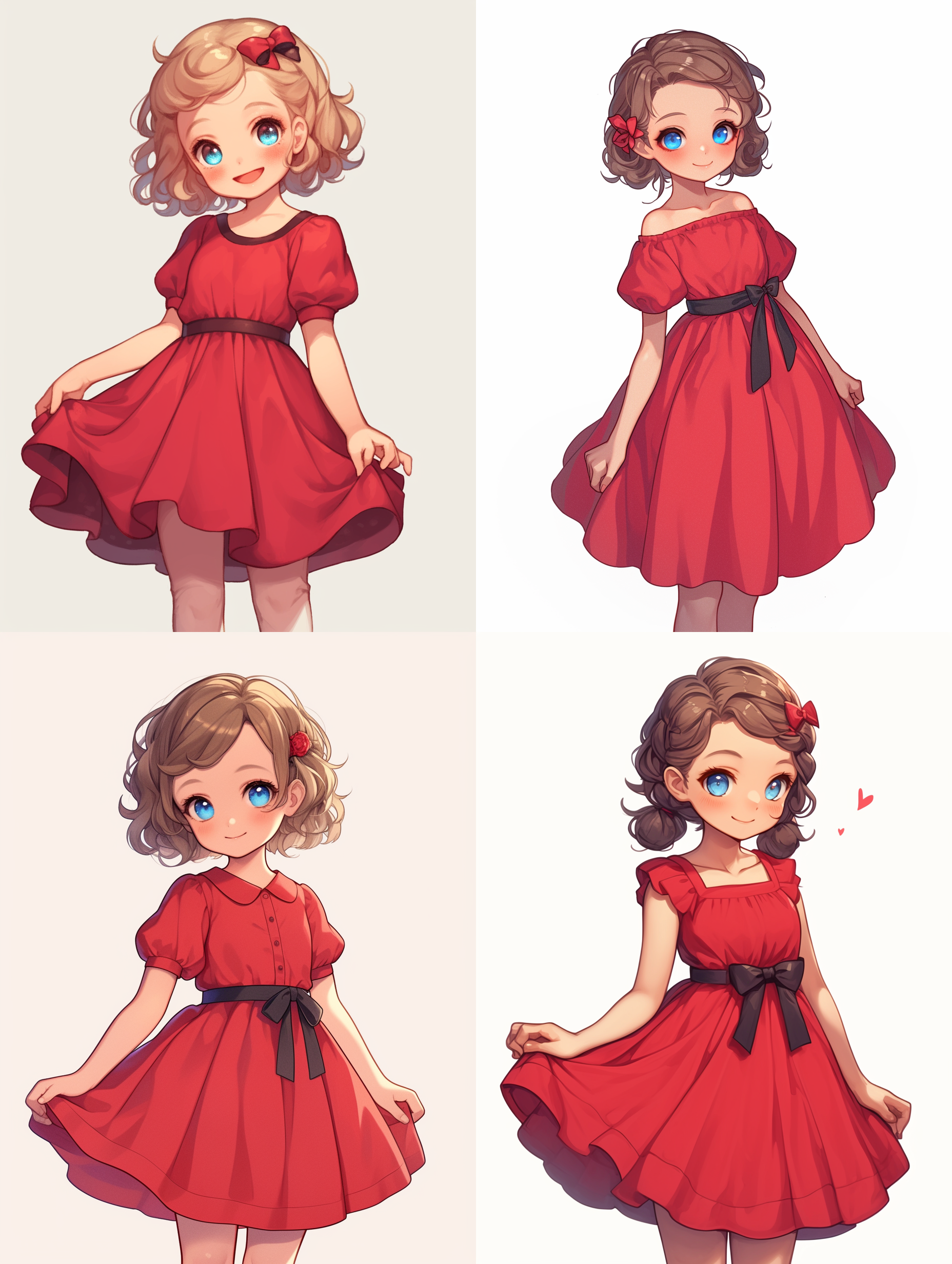 深色亚麻色盘发，漂亮的蓝色眼睛，精致，洋娃娃一般的小女孩，红色洋裙，微笑，站立