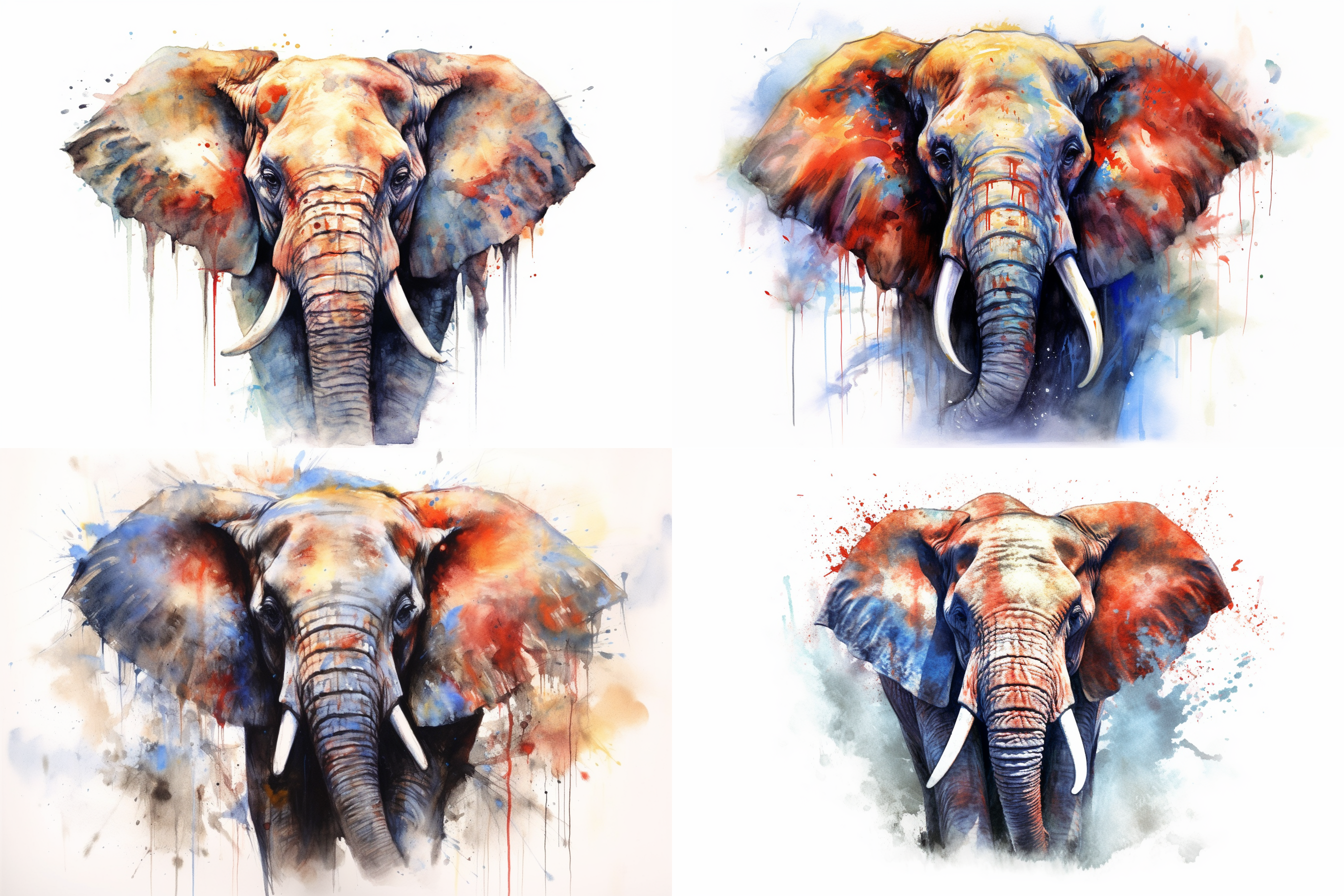 大象头部正面，中国画泼墨写意，多彩红蓝黄，笔触奔放，宁静吉祥，中央构图，水墨渲染，自然光，细腻笔触，沉稳表情，和谐色彩。