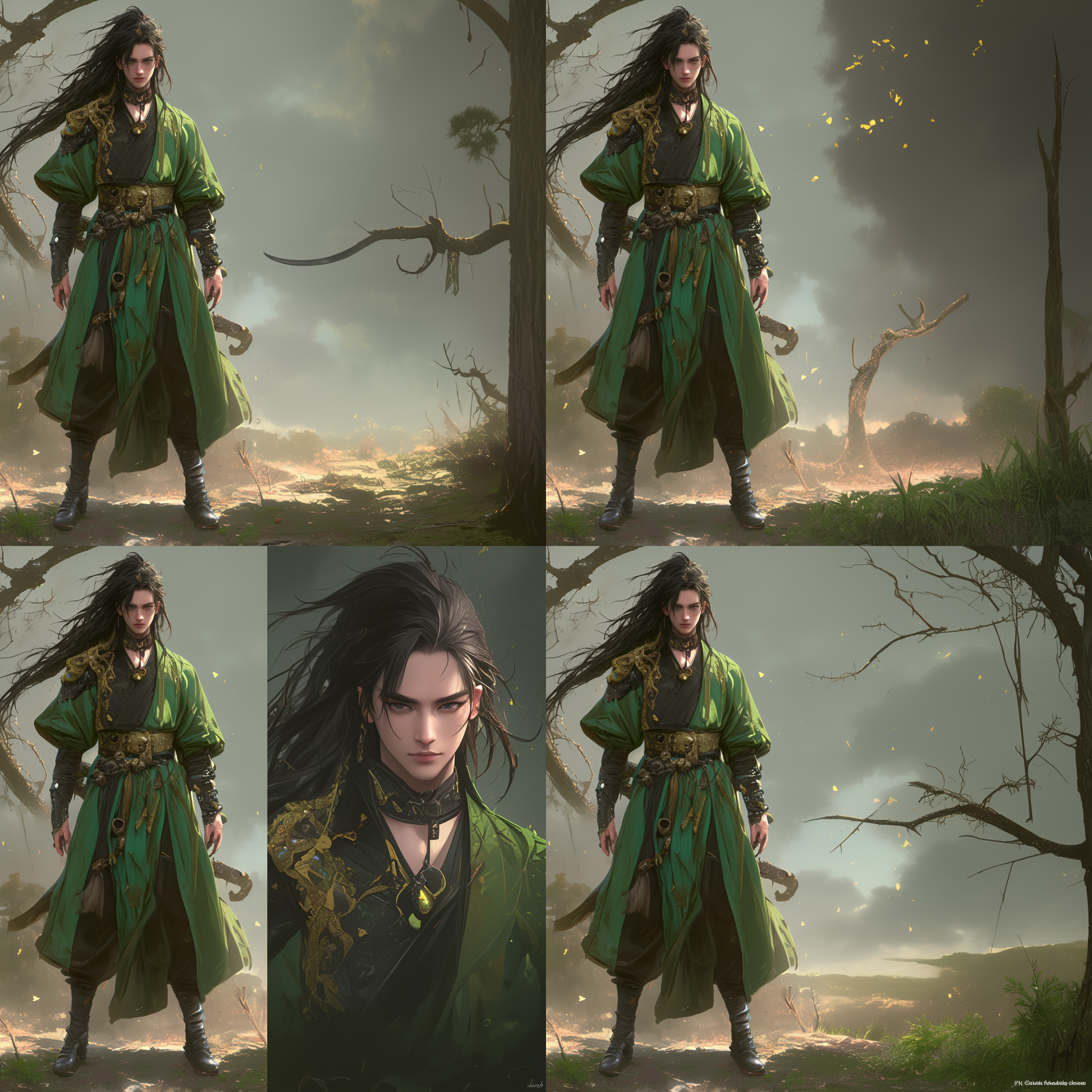 二十岁男子，古装帅气，黑色长发青衣，正面全身，漫画风格，末世背景，动态姿态，远景长焦，8k，细节丰富，色彩鲜明，动作流畅，表情坚定，环境荒凉，光线柔和，氛围沉重。