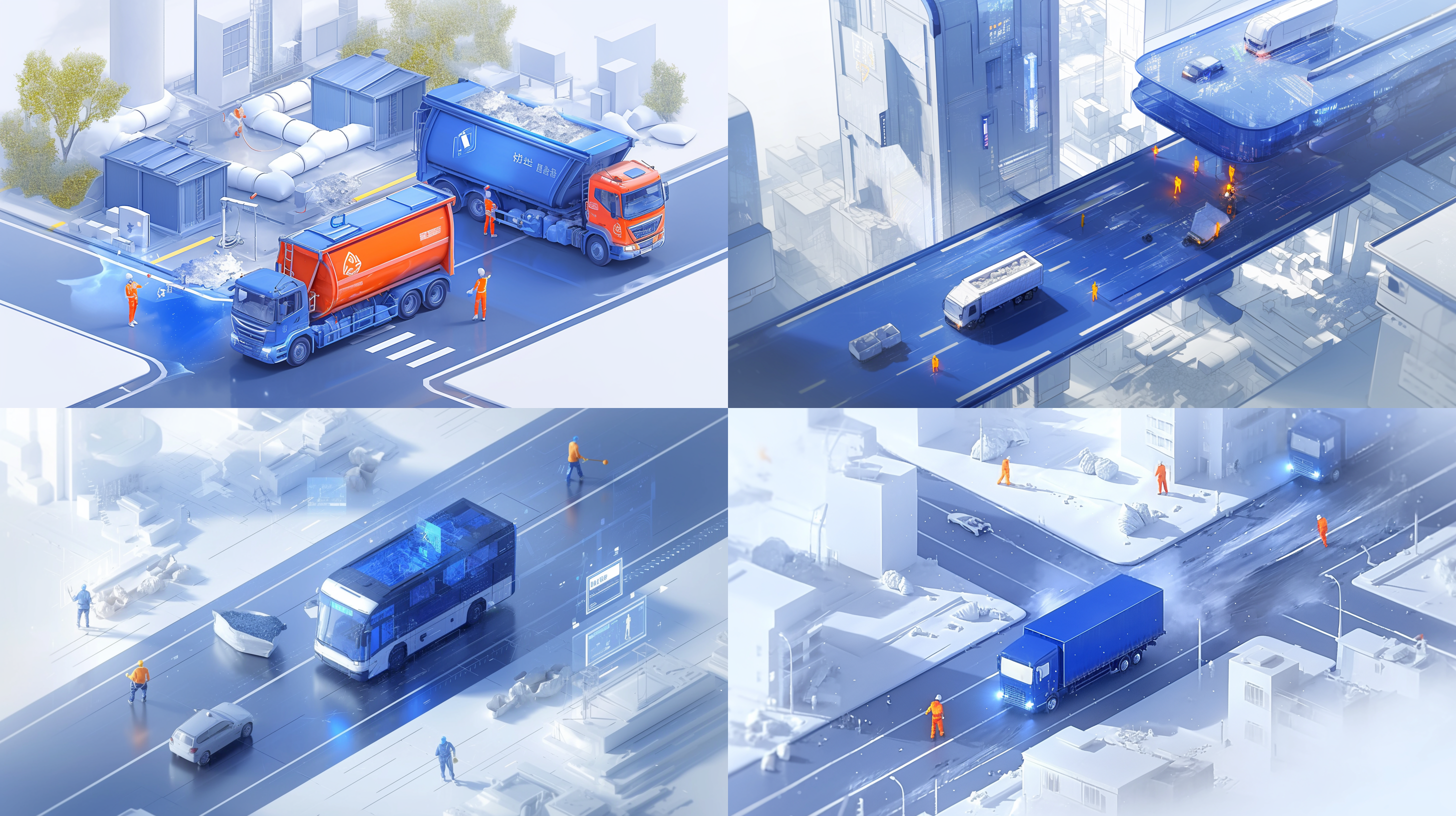 超级cbd景观，垃圾清运车行驶在道路上，半透明垃圾处理厂在工作，搬运工在现代化居民楼下搬运一袋袋的垃圾，工作室灯光，c4d风格，blender软件，octane渲染，高细节16k分辨率，现代都市，静谧感，干净配色，蓝色发光玻璃点缀，四周留白，白色石膏风格，大光圈突出主体，鸟瞰视觉