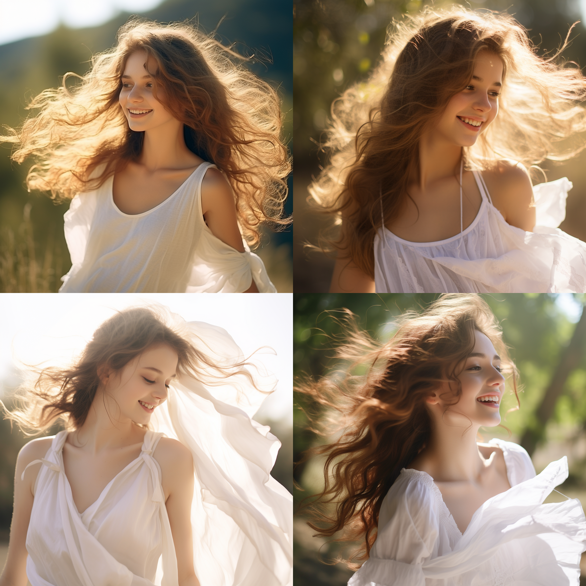 青春女孩，清纯白裙，微风轻拂，阳光下，侧脸微笑，柔和光线，自然环境，长焦镜头，浅景深，清新色调，温柔，宁静。