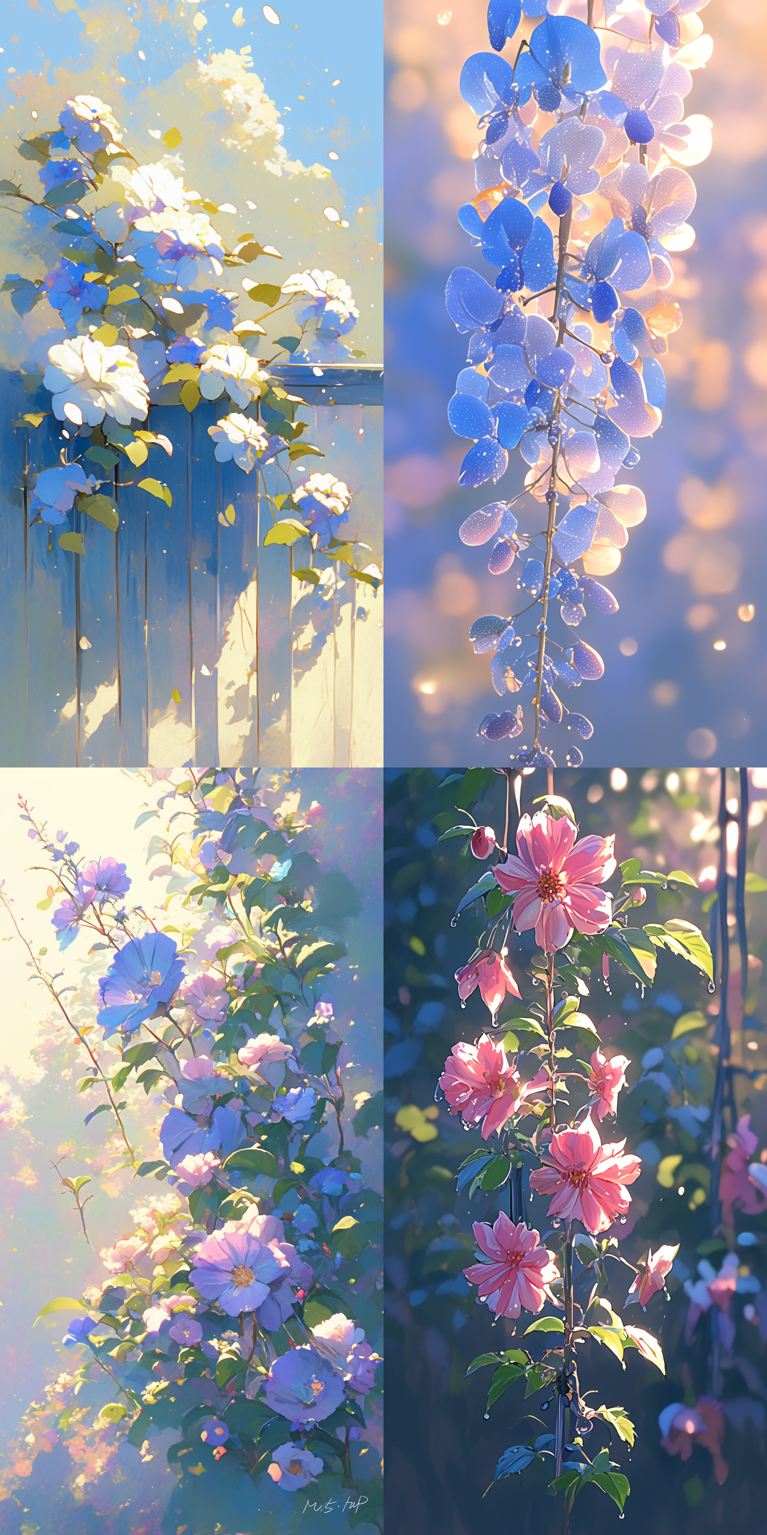 花园清晨，花朵挂露珠，远景自然光，中远景，柔和光线，细节清晰，色彩鲜艳，静谧，生机勃勃，微距镜头，清晨氛围。