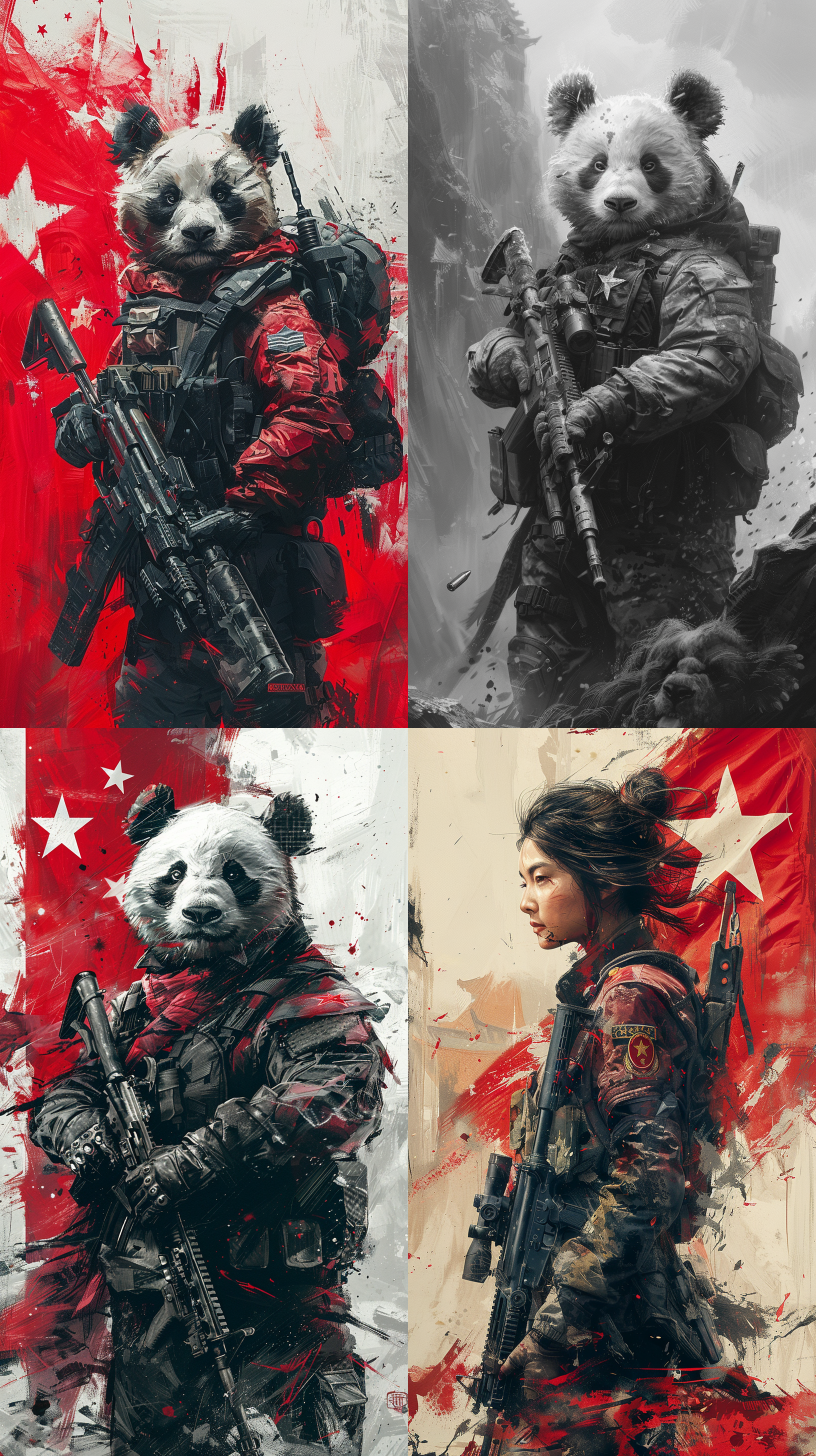 五星红旗背景，熊猫站立，军装，端着冲锋枪，中国水墨画风格，高清晰，高画质，黑白灰色调，远景构图，细腻笔触，静态动作，庄重表情，传统与现代结合，硬光，高对比度，长焦镜头，沉稳，力量感。