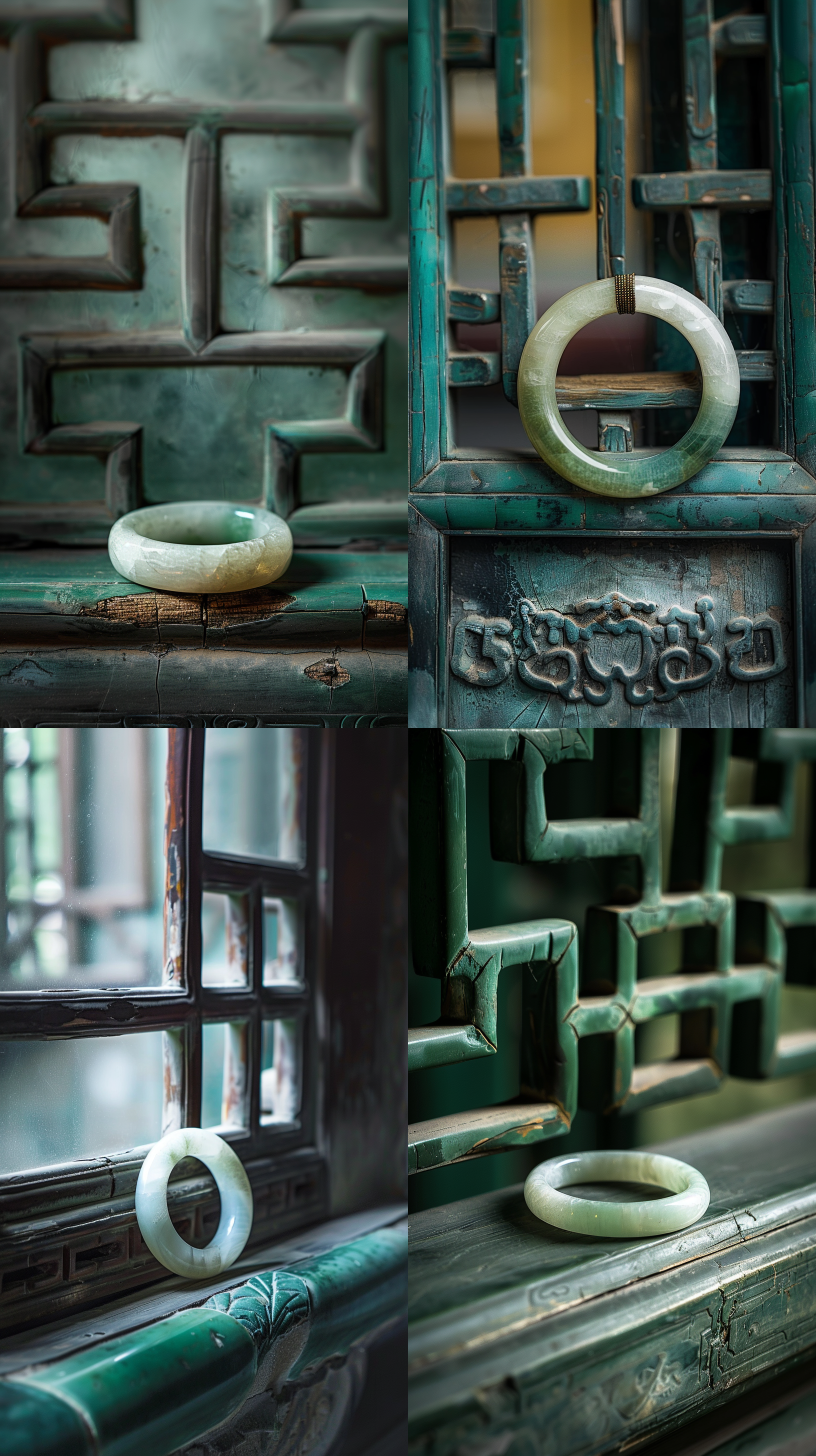 中国风静物拍摄，和田白玉手镯近距特写，清晰画质，色彩鲜明，古建筑细节，青砖灰瓦，木雕窗花，细腻纹理，自然光线，柔和阴影，静谧氛围，传统色彩，沉稳情感。