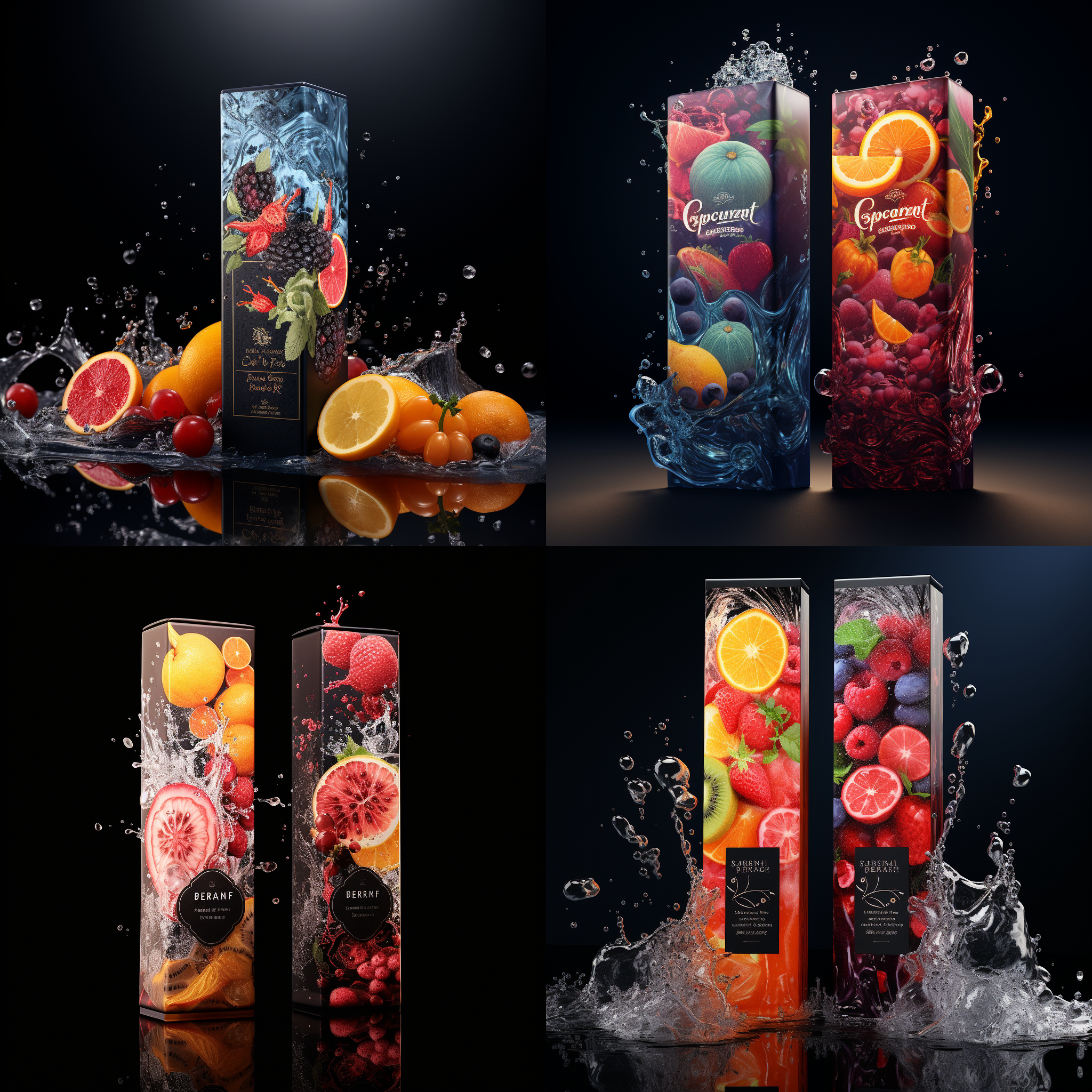 产品包装居右，水面水花飞溅，黑色背景，各种水果，奇幻风格，细节设计，光影分明，冷色调，8k 画质。