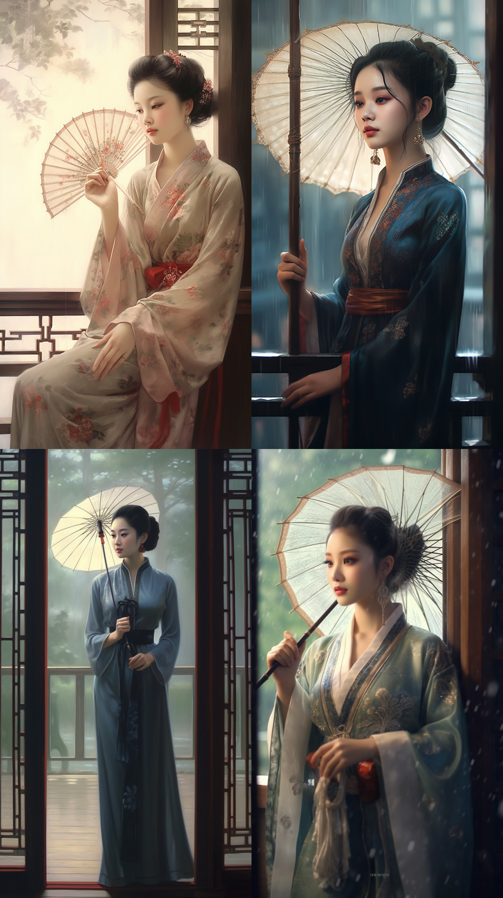 宫廷仕女倚靠木格窗打伞线条人像，中国画风格，娟本淡彩，高画质，优雅姿态，柔和表情，背景留白，细节丰富，静谧氛围，传统服饰，细致描绘，古典美。