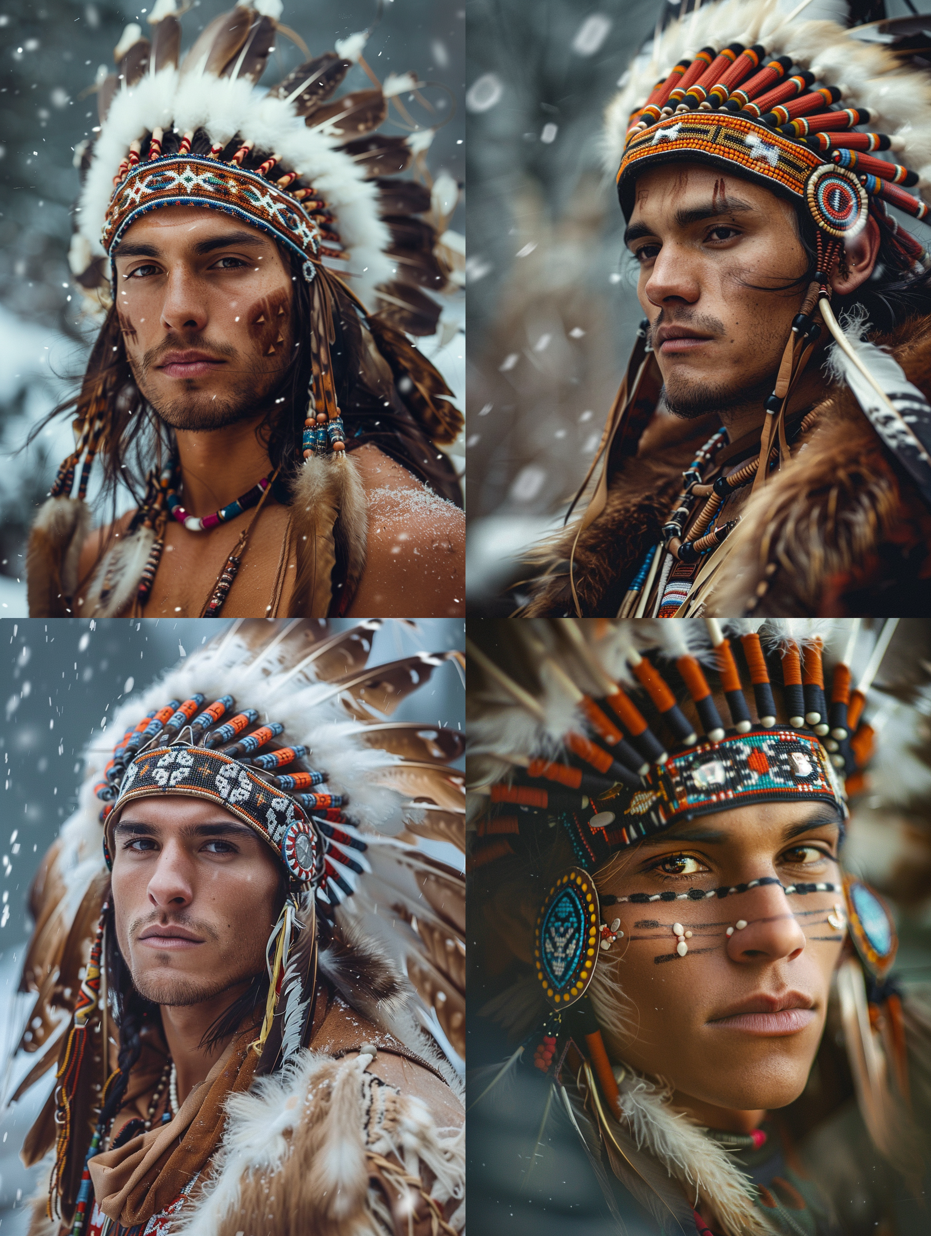 人像摄影，半身像，印地安风服饰男性，高冷气质，羽毛头冠，宝石串发带，低饱和度，背景模糊，丁达尔效应，轮廓光，色彩丰富，美洲韵味，高质量，焦点清晰，细节复杂，表情严肃，冷光，冬天。