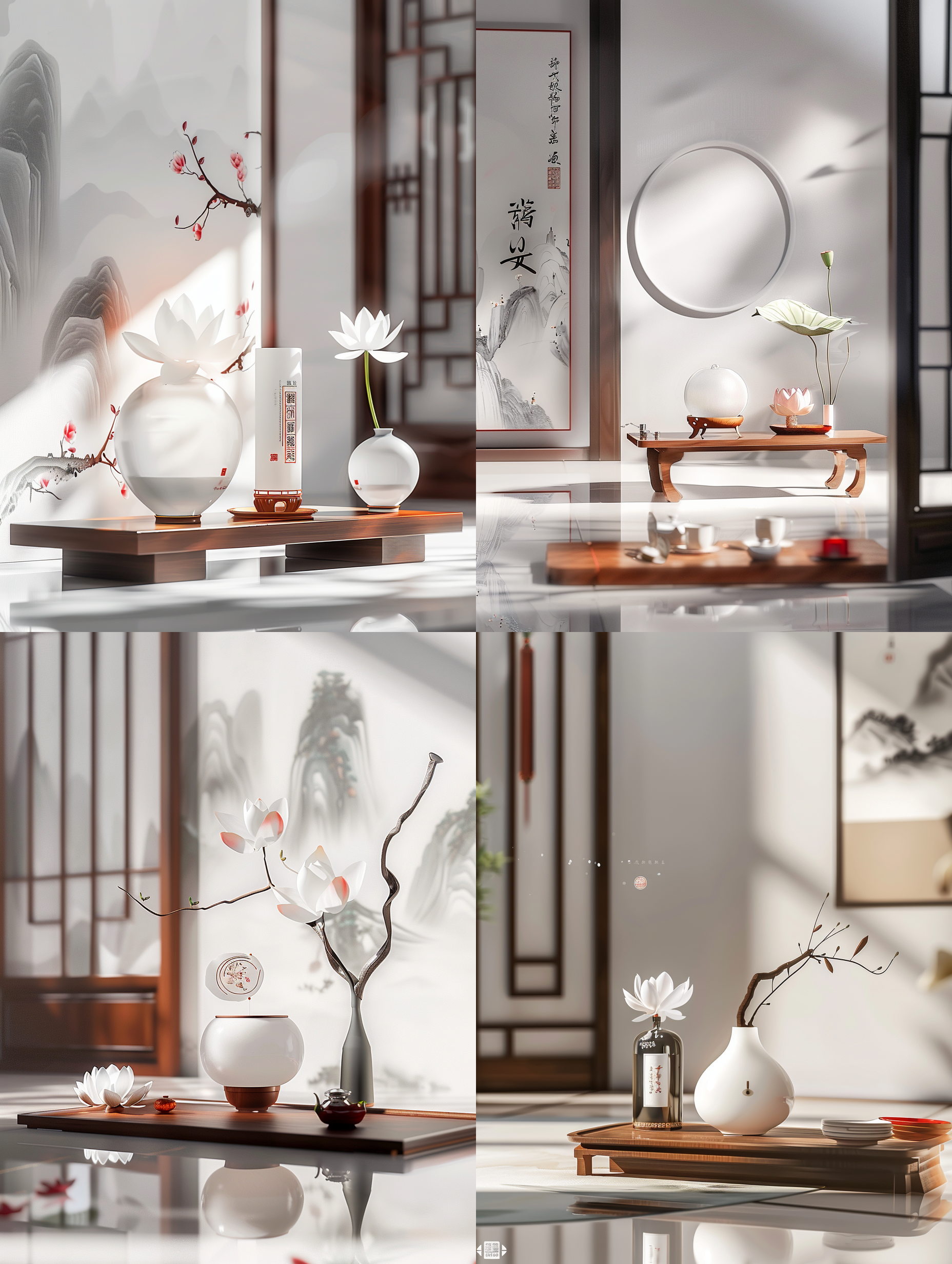 中式禅意电商场景，莲花装饰，白色的光影，纪实摄影，中心构图，最好的图像质量，质量很强，索尼相机拍摄，8k，