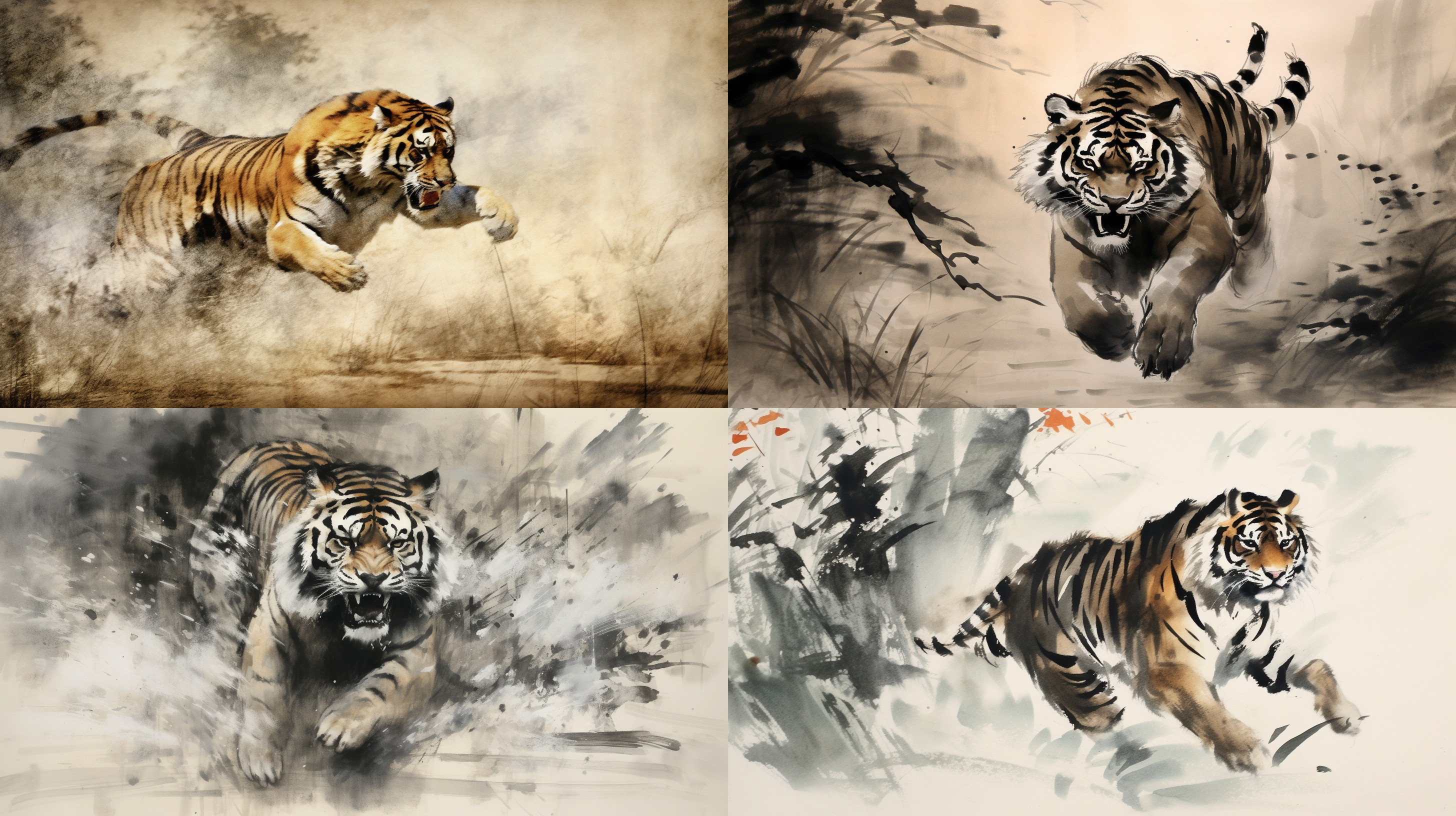 中国画老虎正面冲来，泼墨写意，笔触奔放，大胆，中央构图，冲击力强，黑白水墨效果，动态捕捉，深浅对比，自然环境，威猛表情，传统与现代结合，长焦镜头，逆光，高光细节，情感强烈。