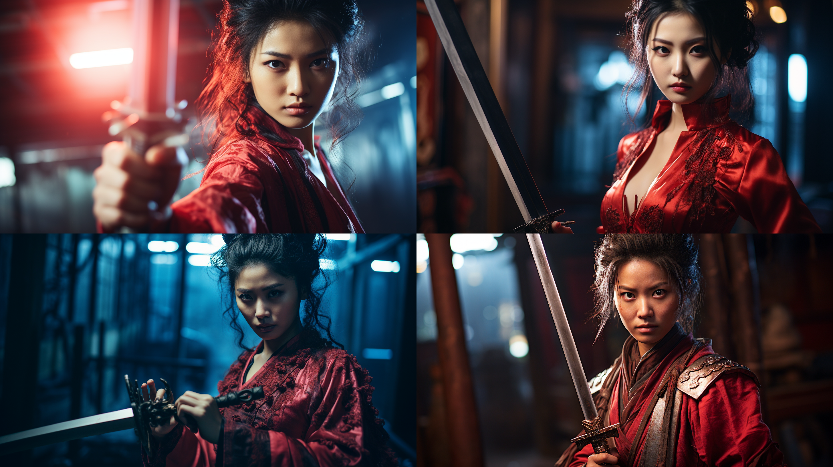 中国古代红衣美女手持长剑，微笑中带阴气，生物机械朋克风格，红蓝强烈对比，冷色调背景，45度角拍摄，特写镜头，柔光效果，神秘氛围。