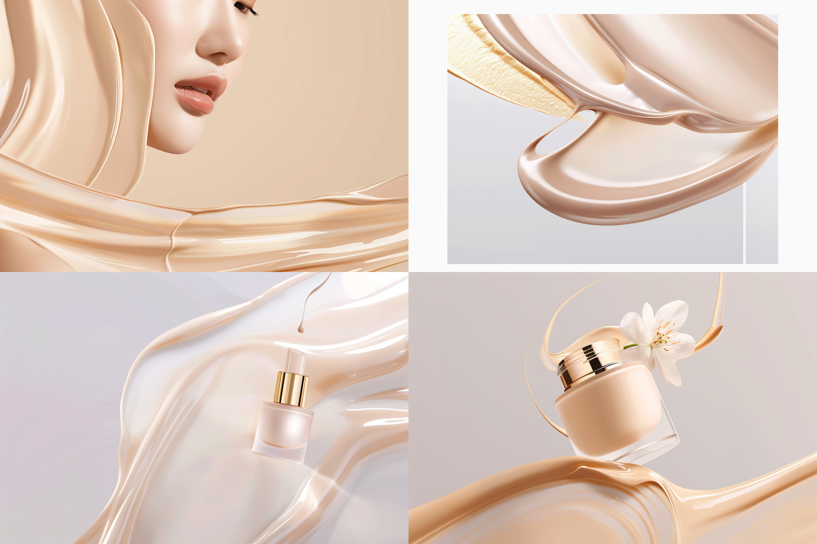 液态粉底液流动，水润细腻，流线体，简单布局，专业摄影质感，低角度，自然光，细腻纹理，化妆品，优雅，质感，浅色天空背景，广角镜头，柔和光线，静态美。