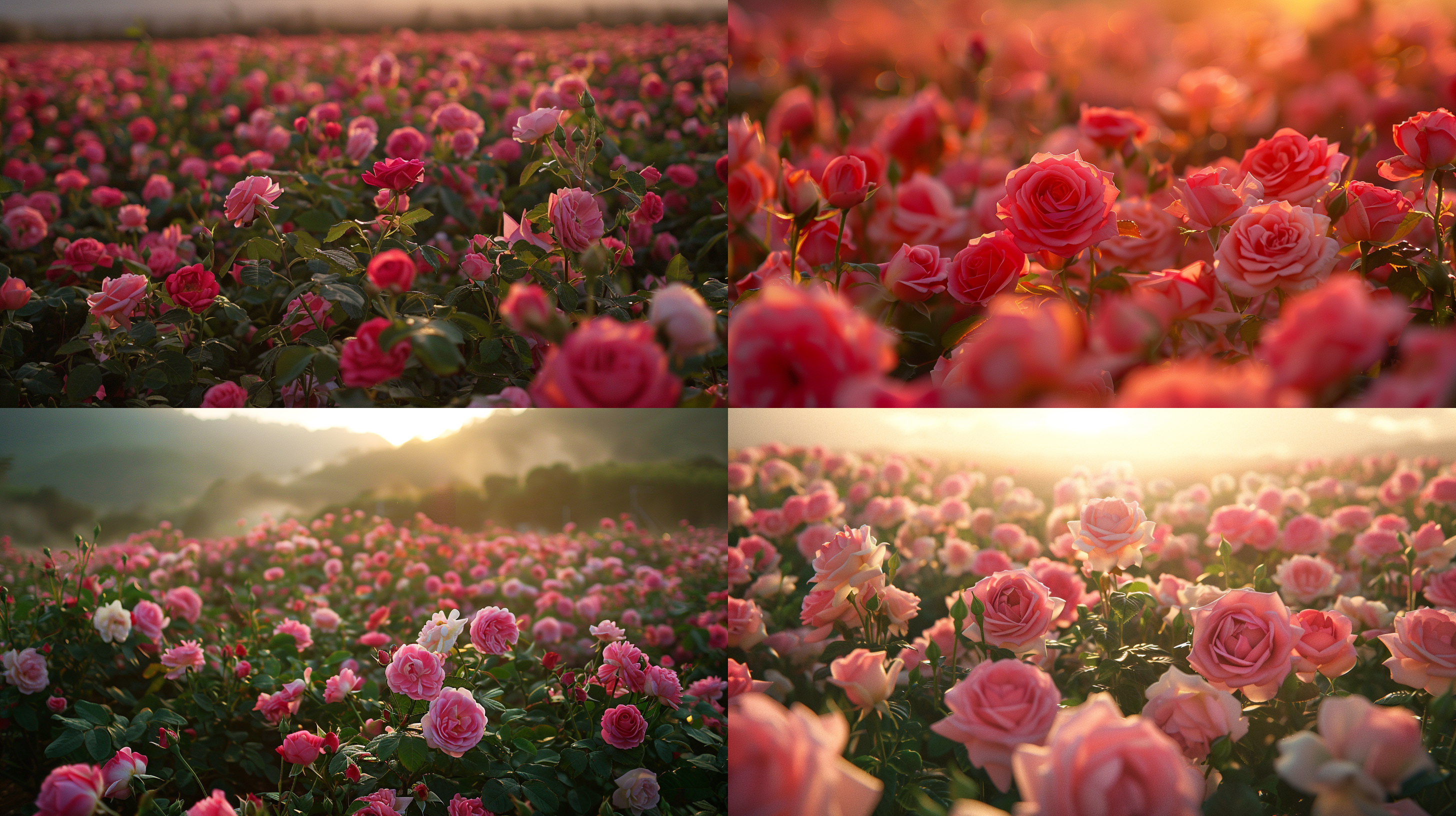 玫瑰花海，远景镜头，广阔视野，柔和光线，自然色彩，长焦镜头，低角度，清晨，微风，浪漫，宁静。