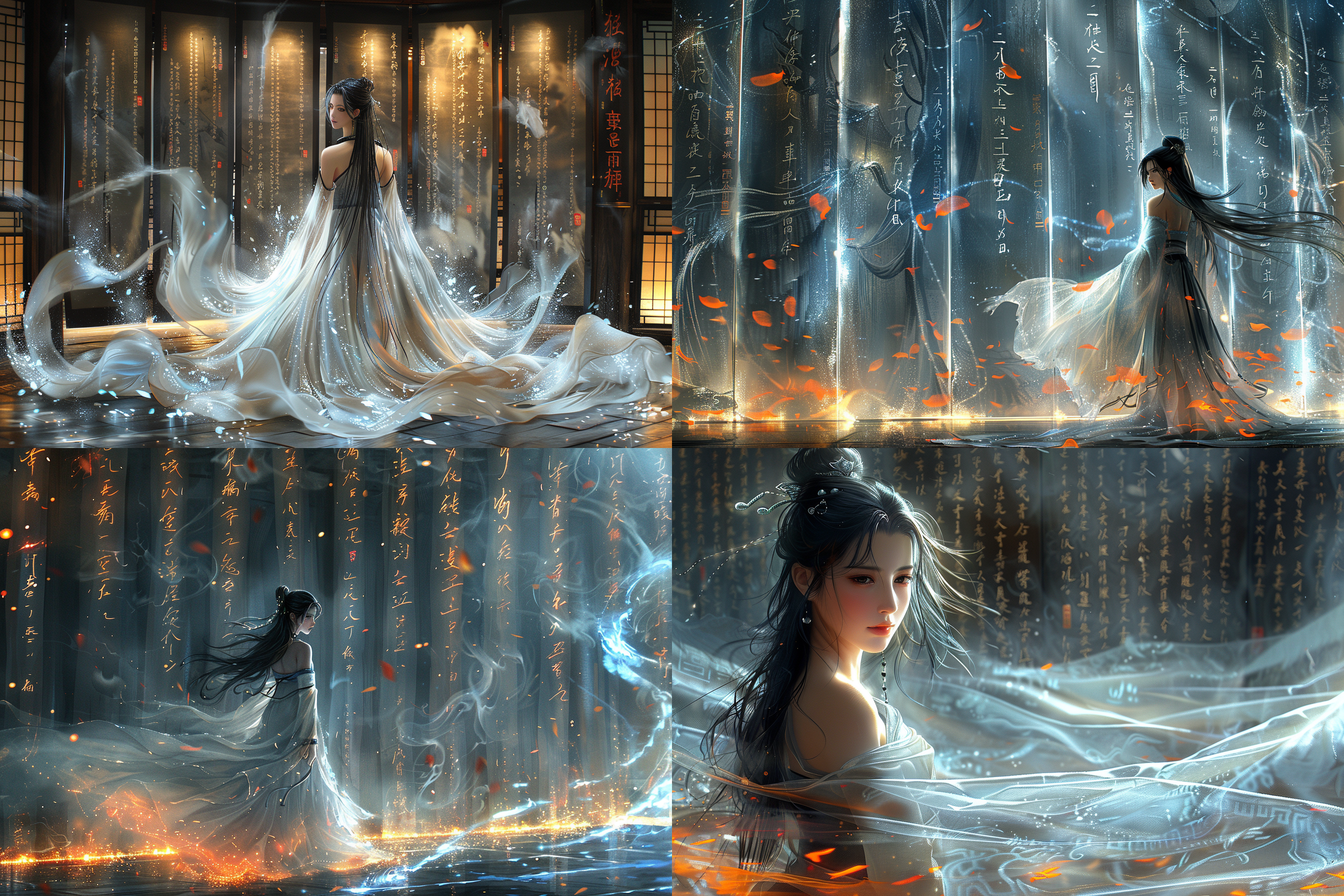 中国古代厅堂，悬挂写满书画的纱幔，国风美女在画面中舞剑